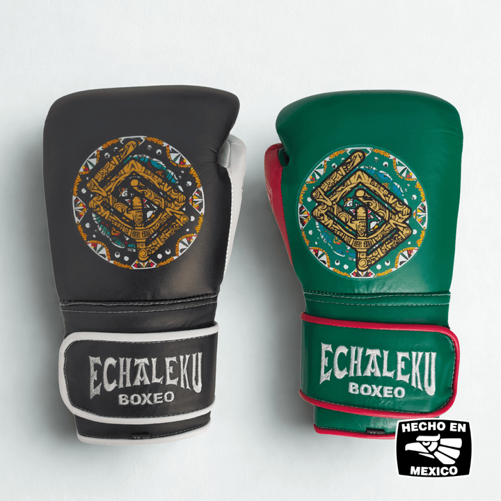 Handmix.GUANTES PREMIUM ENTRENAMIENTO BOXEO PROFESIONAL: COLECCIÓN AZTECA fabricada en México. Negro y Blanco + Verde y Rojo