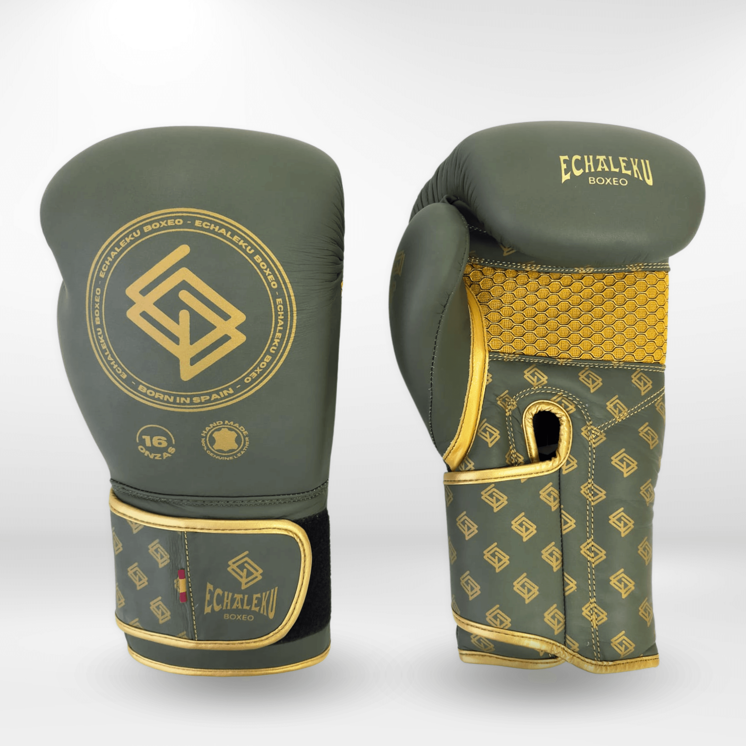 GUANTES PREMIUM ENTRENAMIENTO BOXEO AMATEUR: Military. Verde Militar y Dorado (V4.0) - Echaleku Boxeo