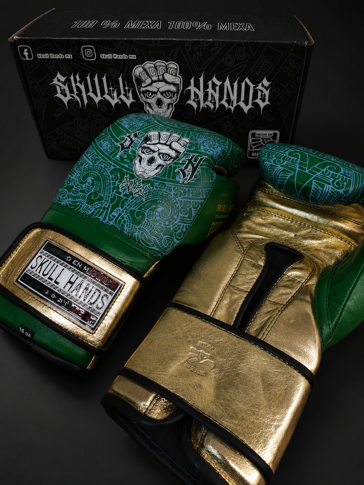 Guantes Skull Hands 16 onzas entrenamiento profesional. VERDE/AZUL/DORADO