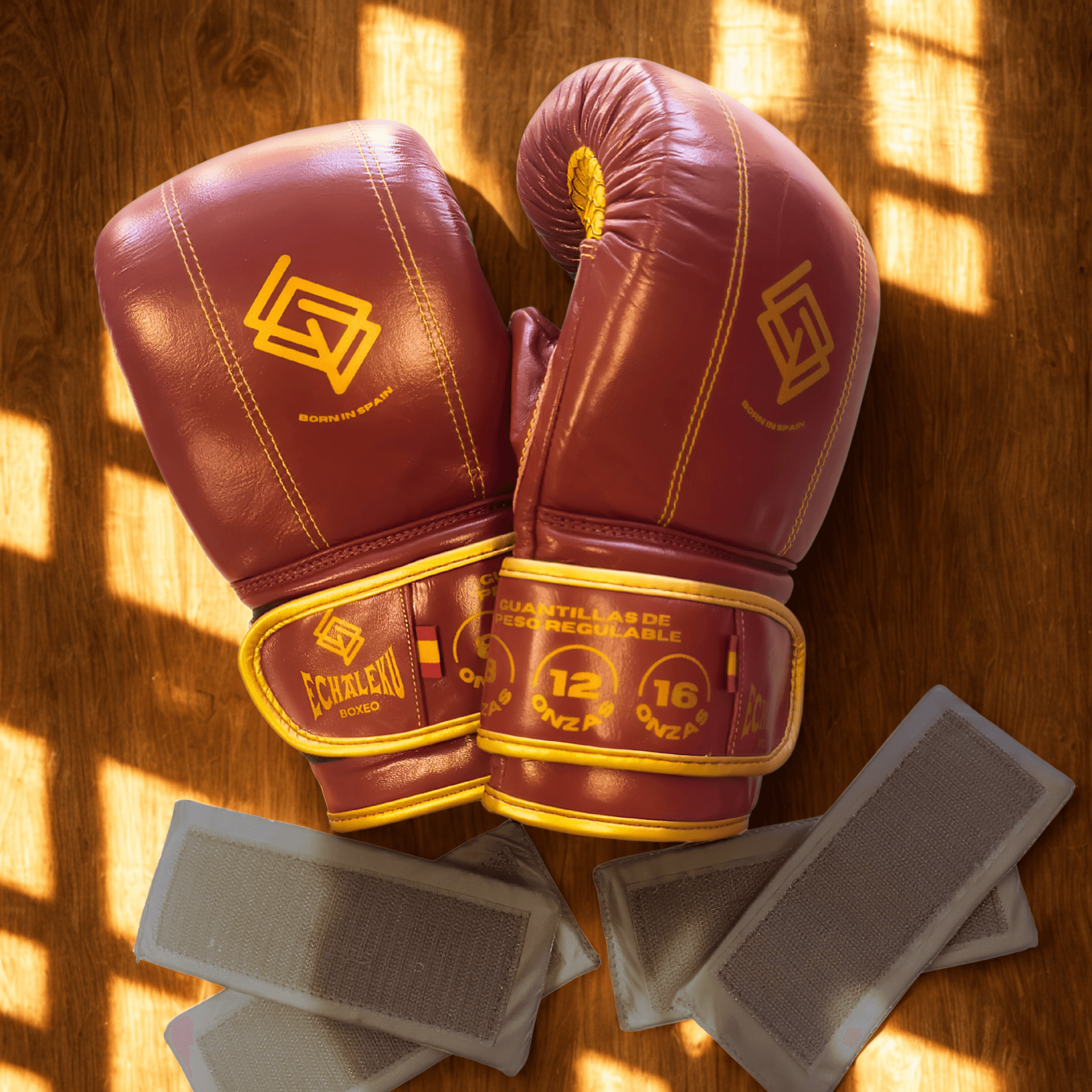 GUANTILLAS BOXEO DE PESO REGULABLE PARA ENTRENAR EN SACO: Burdeos y Dorado - Echaleku Boxeo