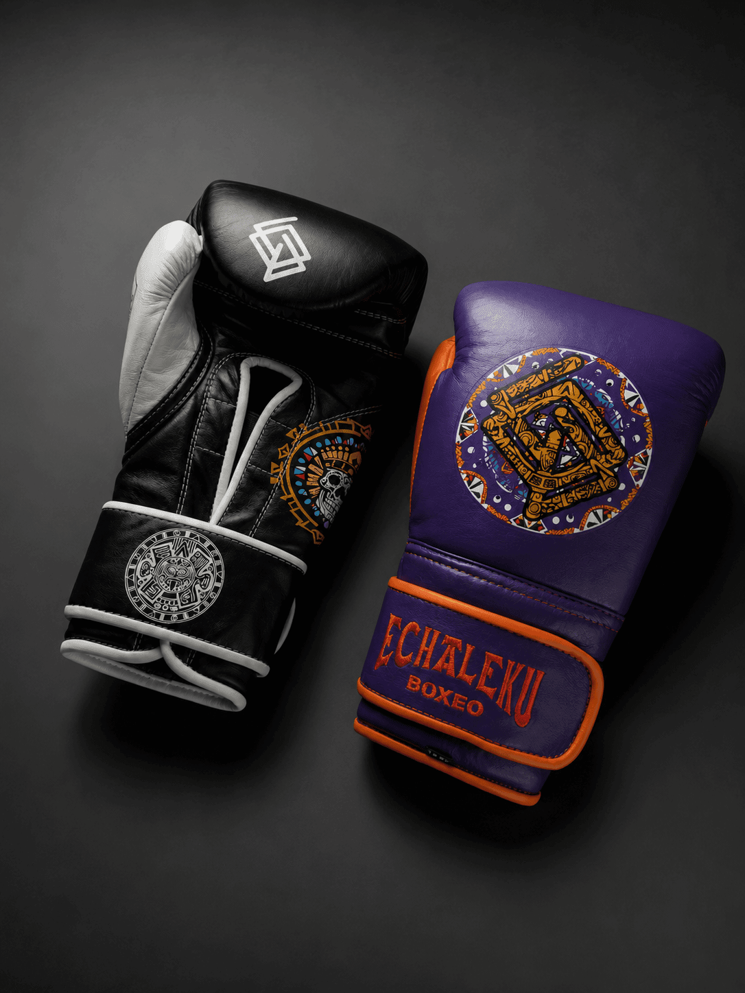 Handmix.GUANTES PREMIUM ENTRENAMIENTO BOXEO PROFESIONAL: COLECCIÓN AZTECA fabricada en México.  (AZTECA). Morado y Naranja + Negro y Blanco