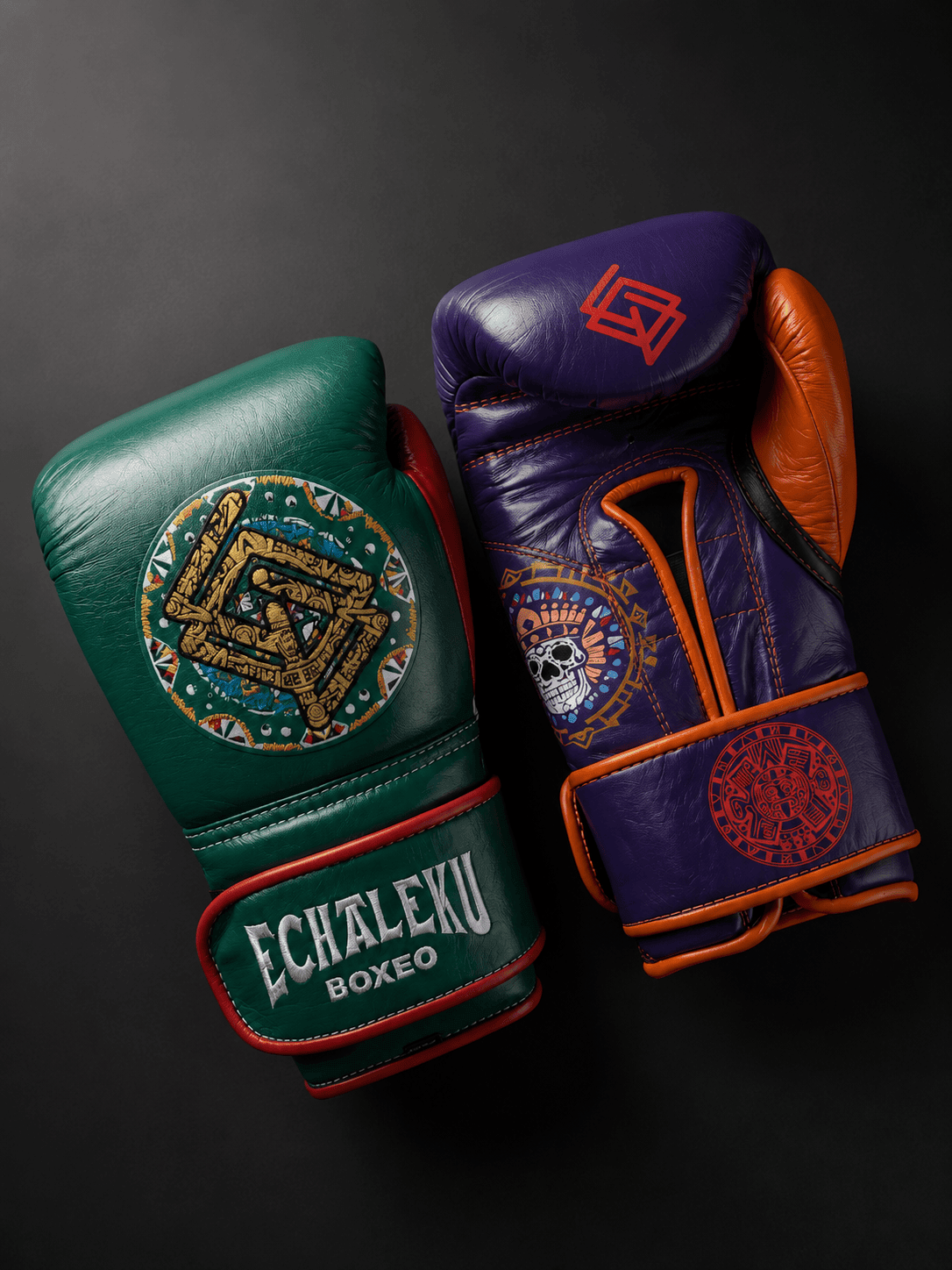 Handmix.GUANTES PREMIUM ENTRENAMIENTO BOXEO PROFESIONAL: COLECCIÓN AZTECA fabricada en México. Verde y Rojo + Morado y Naranja