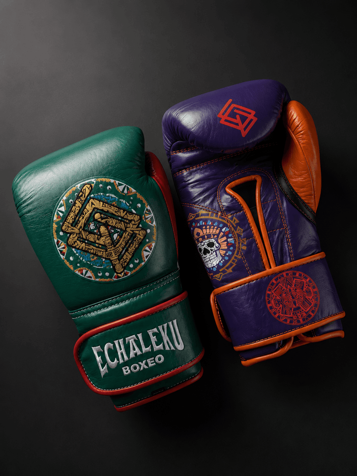 Handmix.GUANTES PREMIUM ENTRENAMIENTO BOXEO PROFESIONAL: COLECCIÓN AZTECA fabricada en México. Verde y Rojo + Morado y Naranja