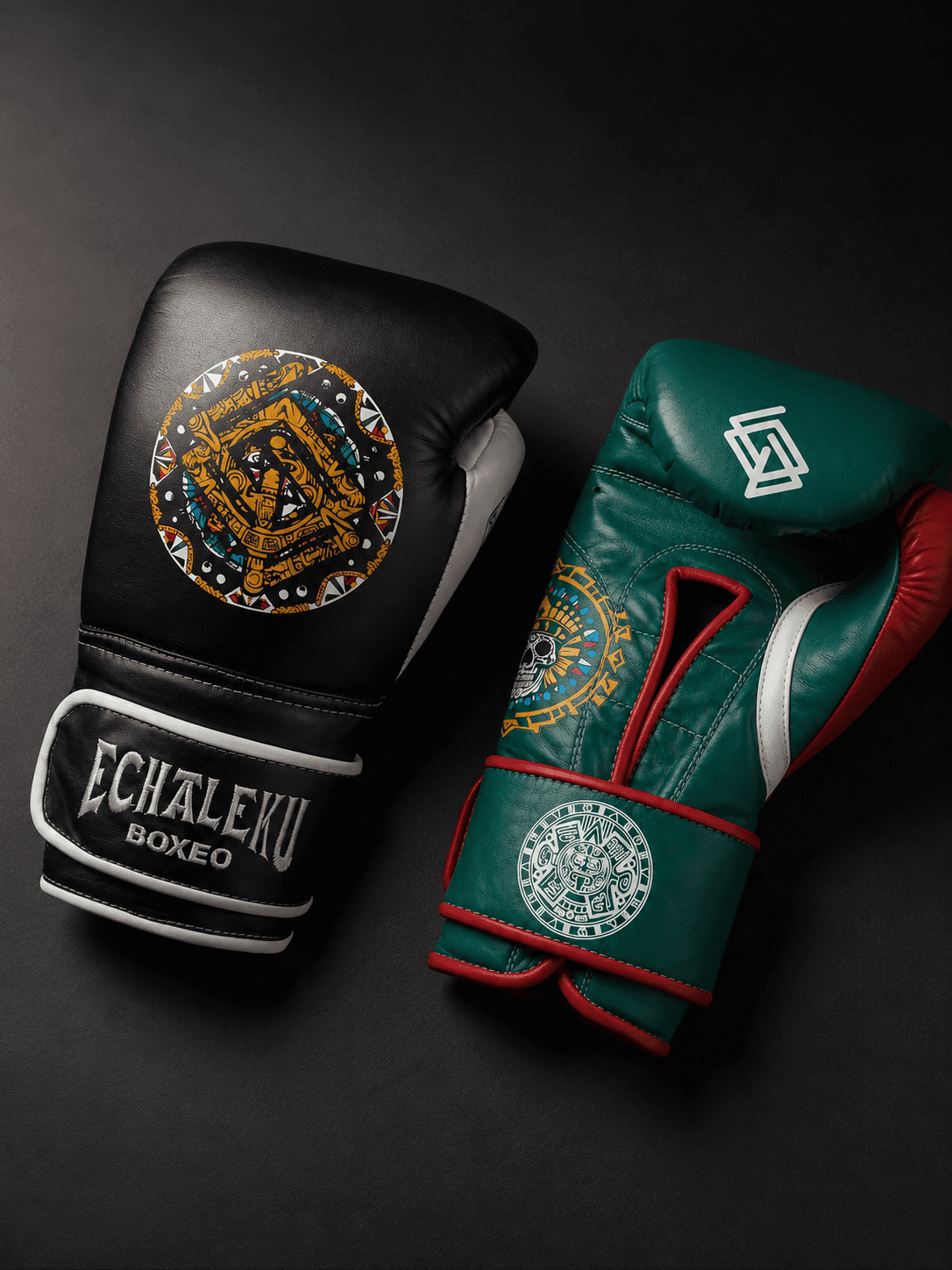 Handmix.GUANTES PREMIUM ENTRENAMIENTO BOXEO PROFESIONAL: COLECCIÓN AZTECA fabricada en México. Negro y Blanco + Verde y Rojo