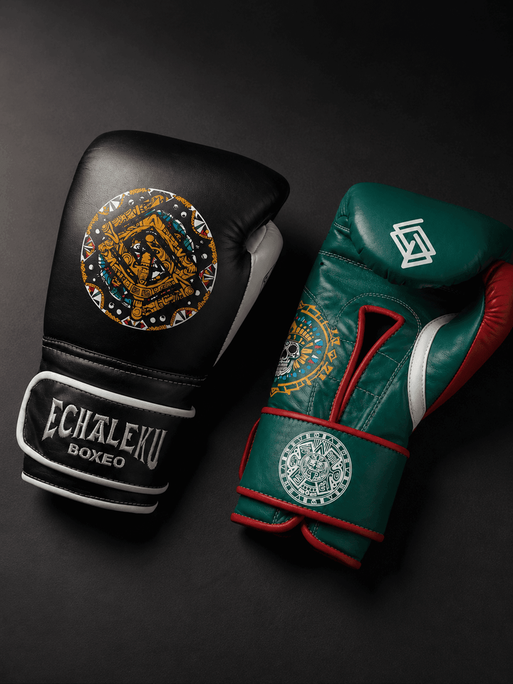 Handmix.GUANTES PREMIUM ENTRENAMIENTO BOXEO PROFESIONAL: COLECCIÓN AZTECA fabricada en México. Negro y Blanco + Verde y Rojo