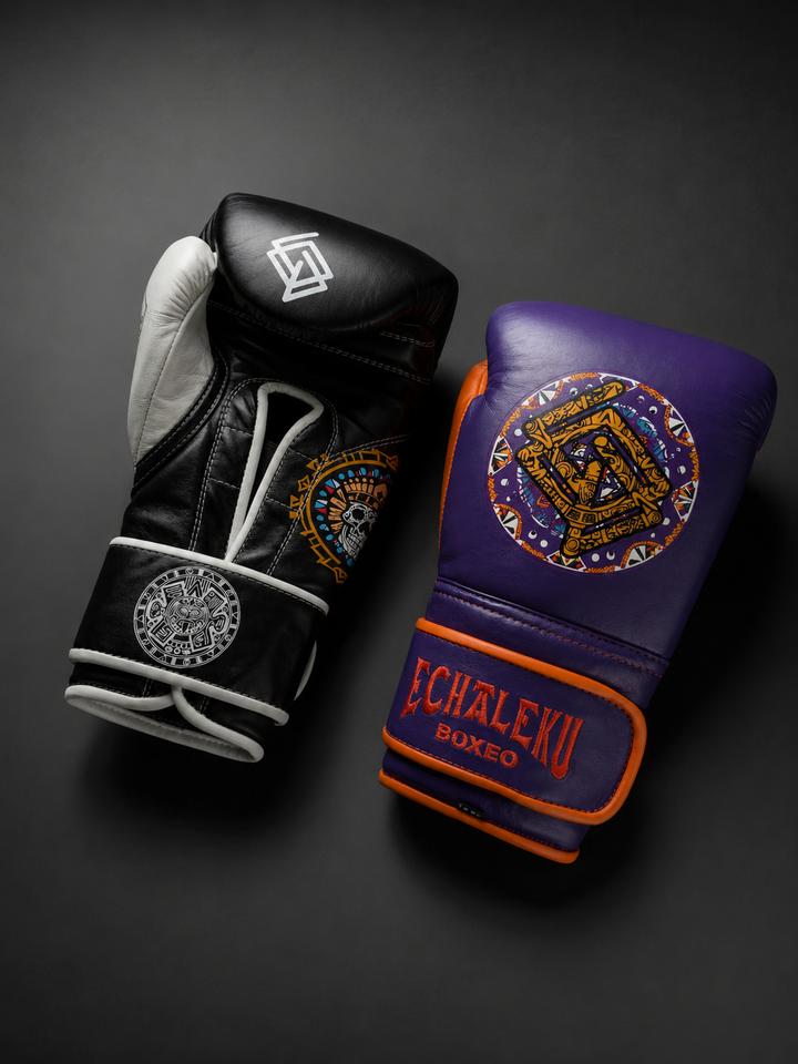 Handmix.GUANTES PREMIUM ENTRENAMIENTO BOXEO PROFESIONAL: COLECCIÓN AZTECA fabricada en México.  (AZTECA). Morado y Naranja + Negro y Blanco