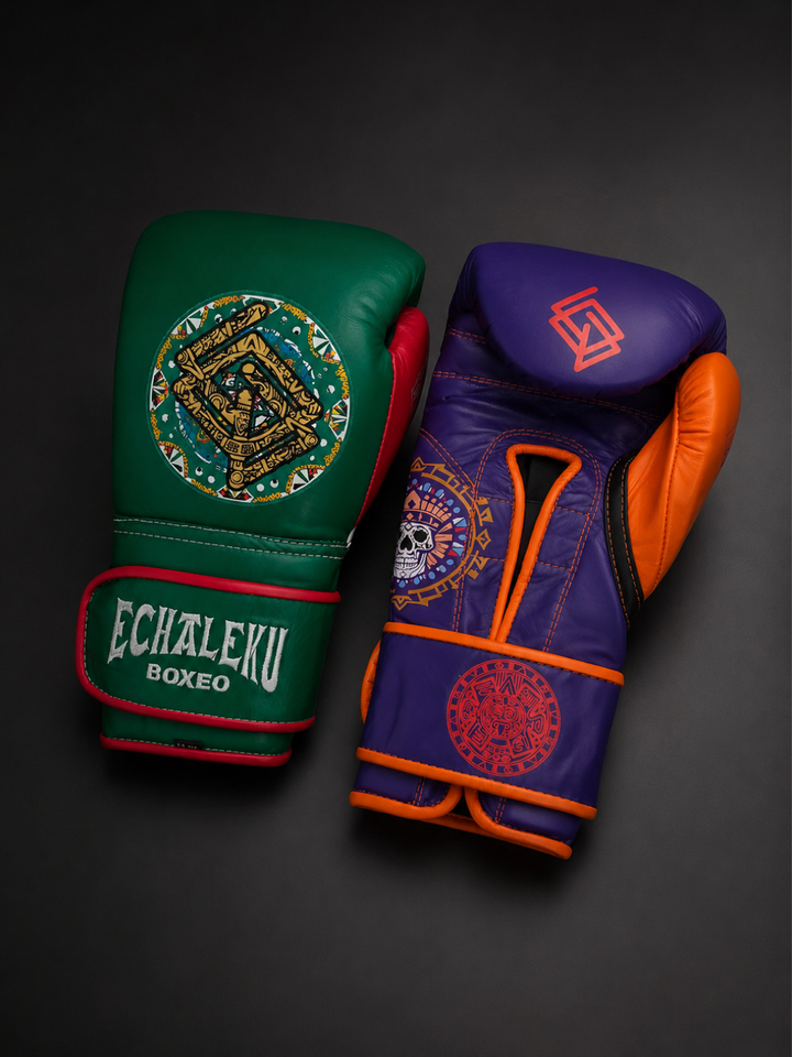 Handmix.GUANTES PREMIUM ENTRENAMIENTO BOXEO PROFESIONAL: COLECCIÓN AZTECA fabricada en México. Verde y Rojo + Morado y Naranja