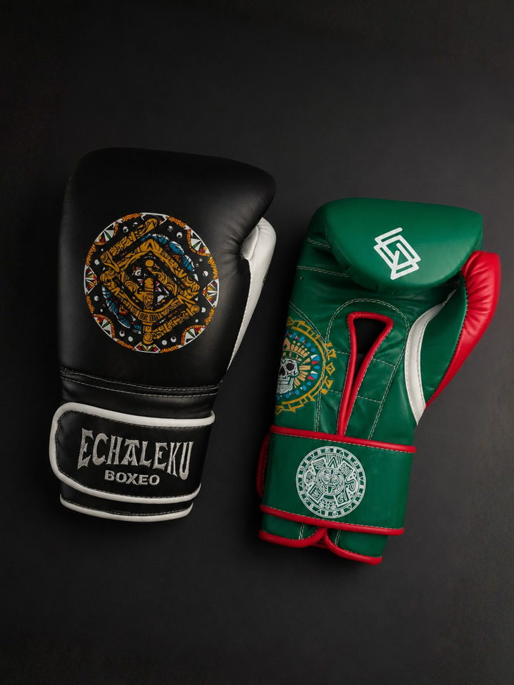 Handmix.GUANTES PREMIUM ENTRENAMIENTO BOXEO PROFESIONAL: COLECCIÓN AZTECA fabricada en México. Negro y Blanco + Verde y Rojo