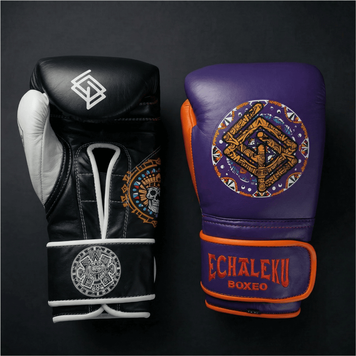 Handmix.GUANTES PREMIUM ENTRENAMIENTO BOXEO PROFESIONAL: COLECCIÓN AZTECA fabricada en México.  (AZTECA). Morado y Naranja + Negro y Blanco