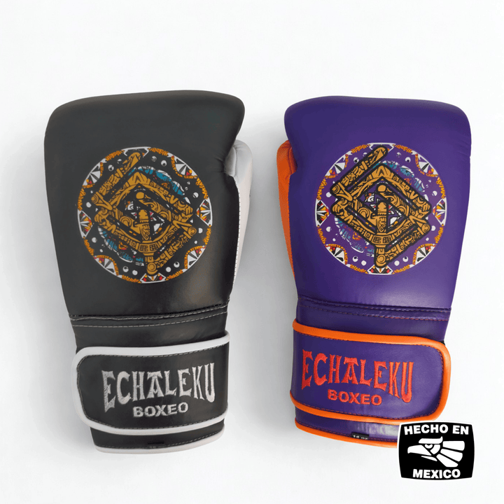Handmix.GUANTES PREMIUM ENTRENAMIENTO BOXEO PROFESIONAL: COLECCIÓN AZTECA fabricada en México.  (AZTECA). Morado y Naranja + Negro y Blanco
