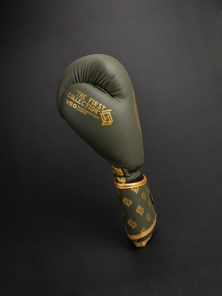 GUANTES BOXEO PREMIUM V5 FORRO 100% WATERPROOF: Military. Verde Militar y Dorado (Reserva con entrega en julio)