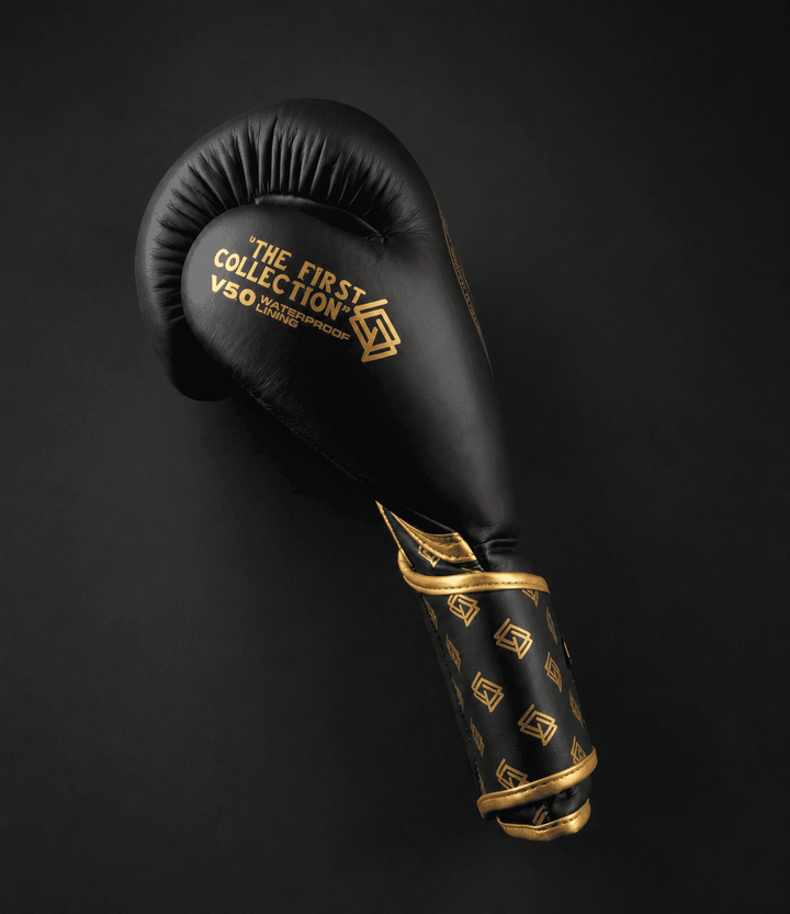 GUANTES BOXEO PREMIUM V5 FORRO 100% WATERPROOF: Dark. Negro y Dorado (Reserva con entrega en julio)