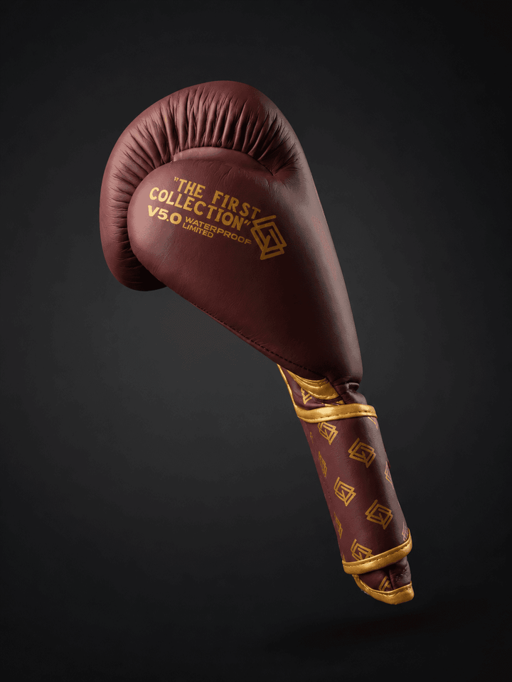 GUANTES BOXEO PREMIUM V5 FORRO 100% WATERPROOF: Original. Burdeos y Dorado (Reserva con entrega en julio)