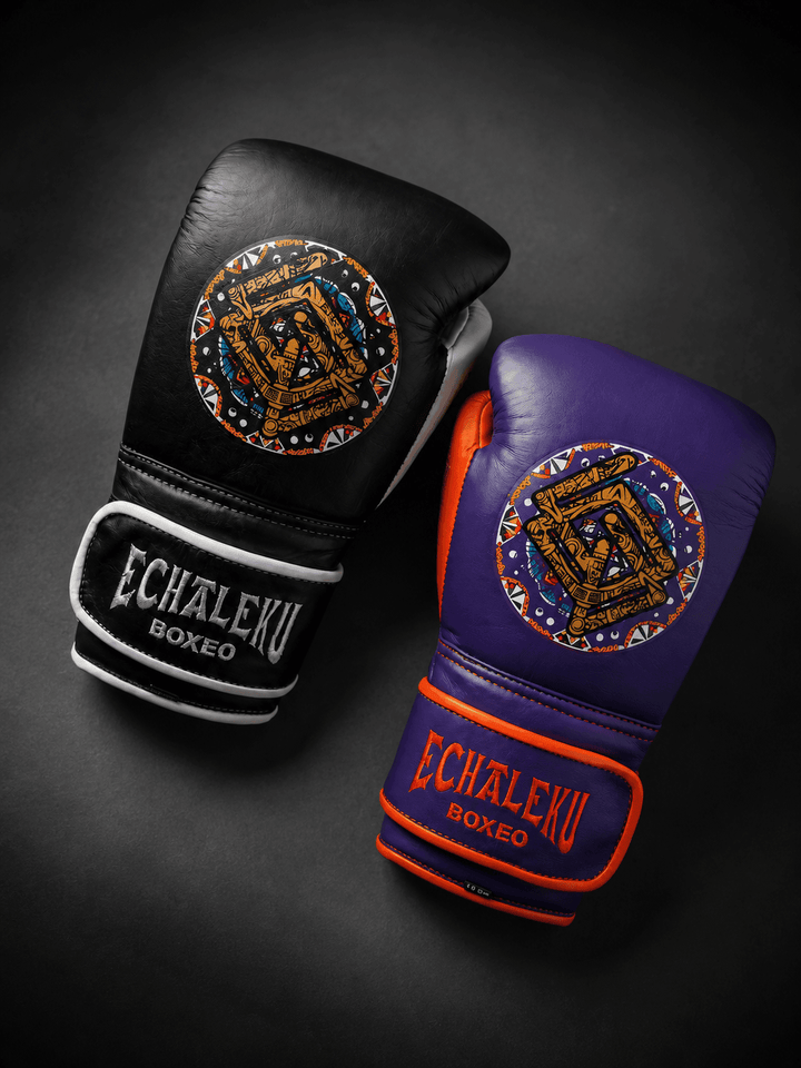 Handmix.GUANTES PREMIUM ENTRENAMIENTO BOXEO PROFESIONAL: COLECCIÓN AZTECA fabricada en México.  (AZTECA). Morado y Naranja + Negro y Blanco