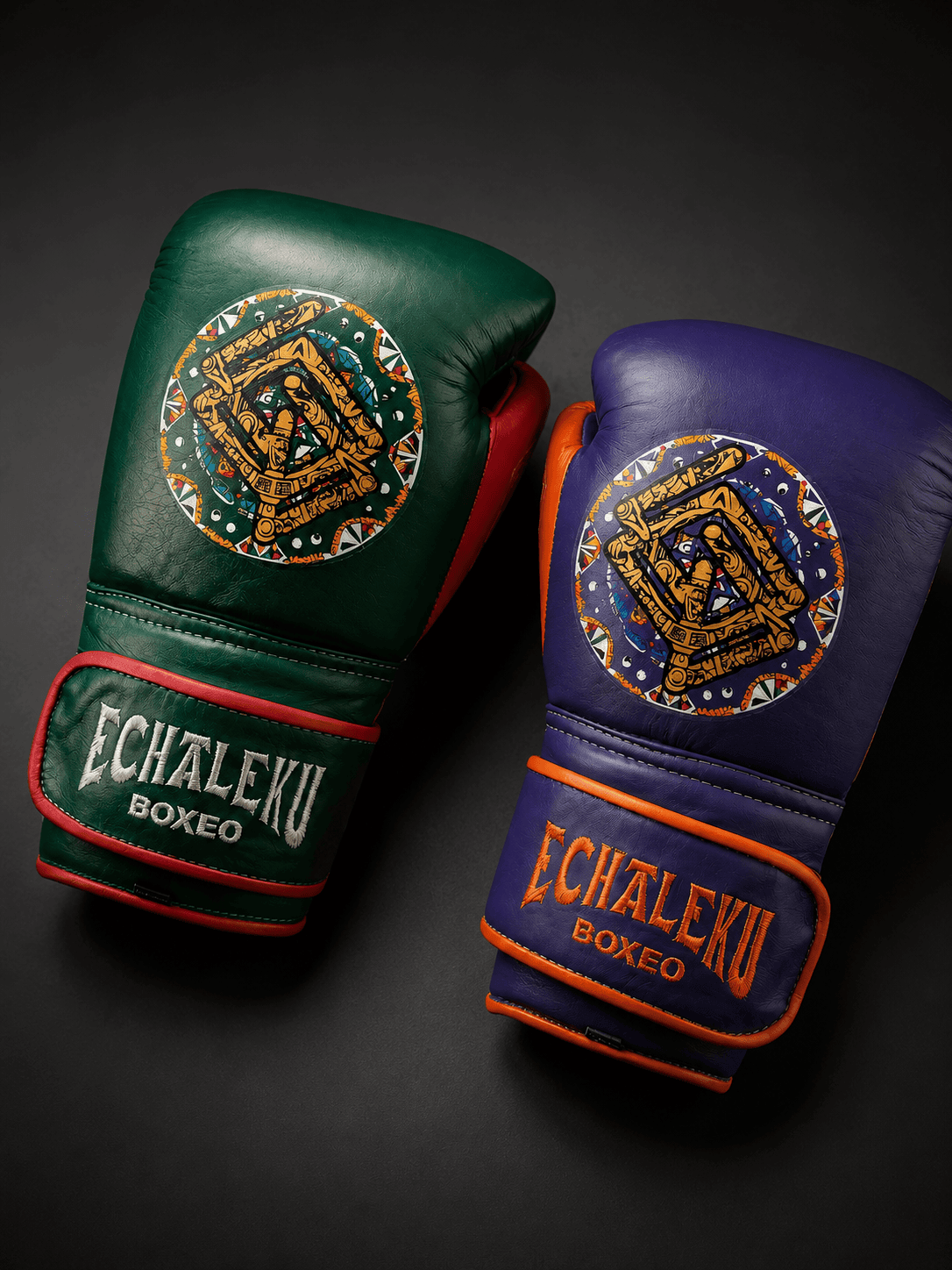 Handmix.GUANTES PREMIUM ENTRENAMIENTO BOXEO PROFESIONAL: COLECCIÓN AZTECA fabricada en México. Verde y Rojo + Morado y Naranja