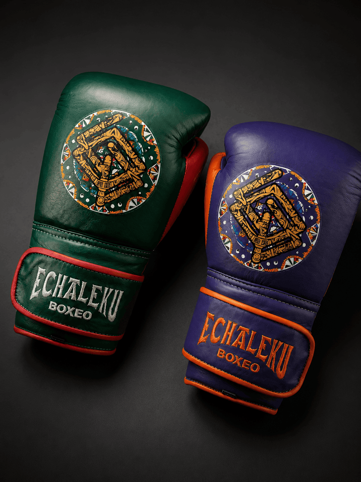 Handmix.GUANTES PREMIUM ENTRENAMIENTO BOXEO PROFESIONAL: COLECCIÓN AZTECA fabricada en México. Verde y Rojo + Morado y Naranja