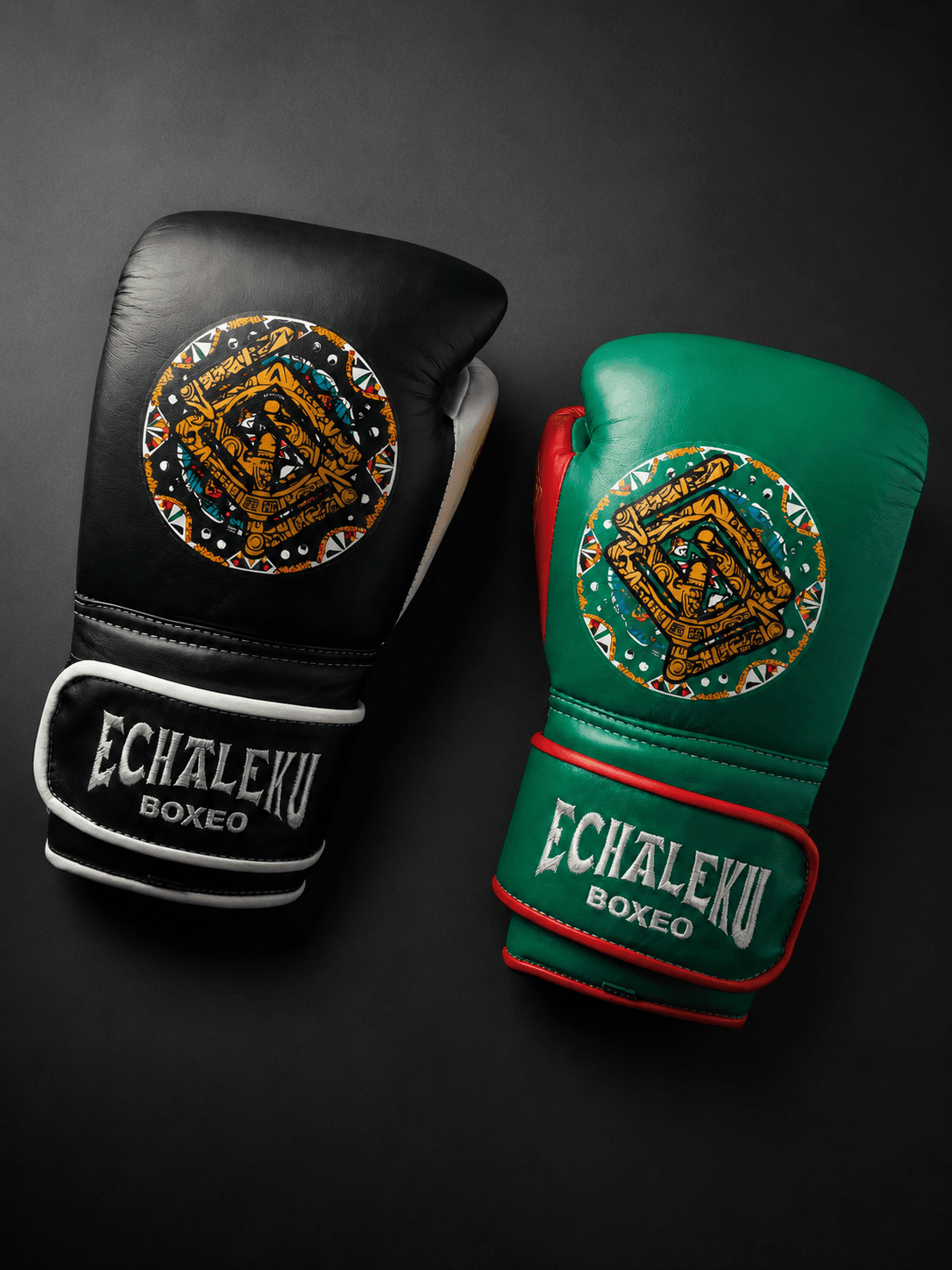 Handmix.GUANTES PREMIUM ENTRENAMIENTO BOXEO PROFESIONAL: COLECCIÓN AZTECA fabricada en México. Negro y Blanco + Verde y Rojo