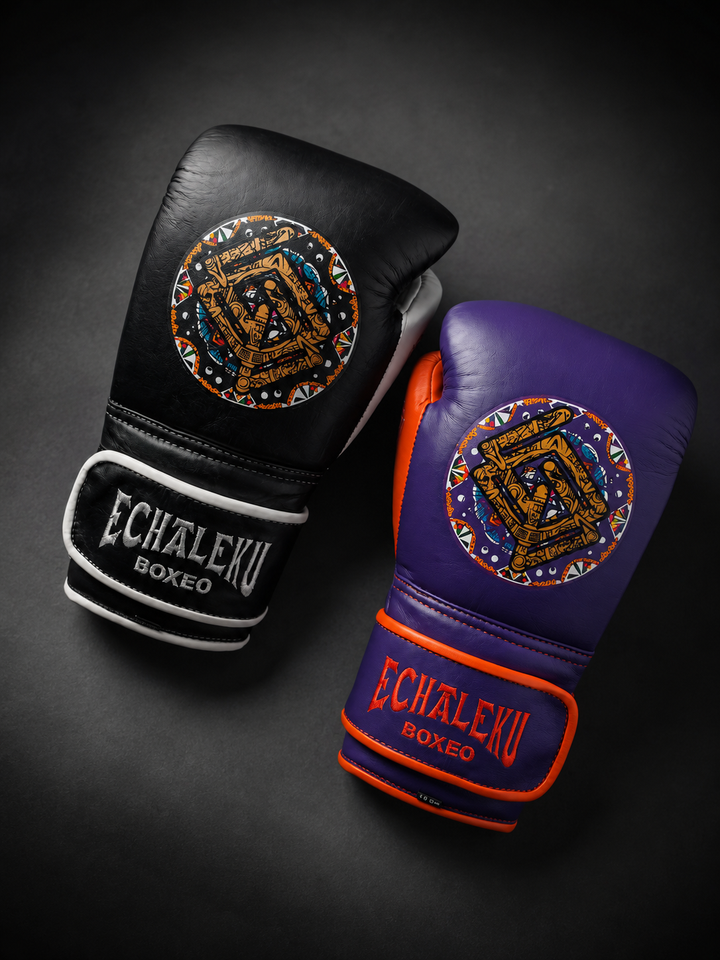 Handmix.GUANTES PREMIUM ENTRENAMIENTO BOXEO PROFESIONAL: COLECCIÓN AZTECA fabricada en México.  (AZTECA). Morado y Naranja + Negro y Blanco