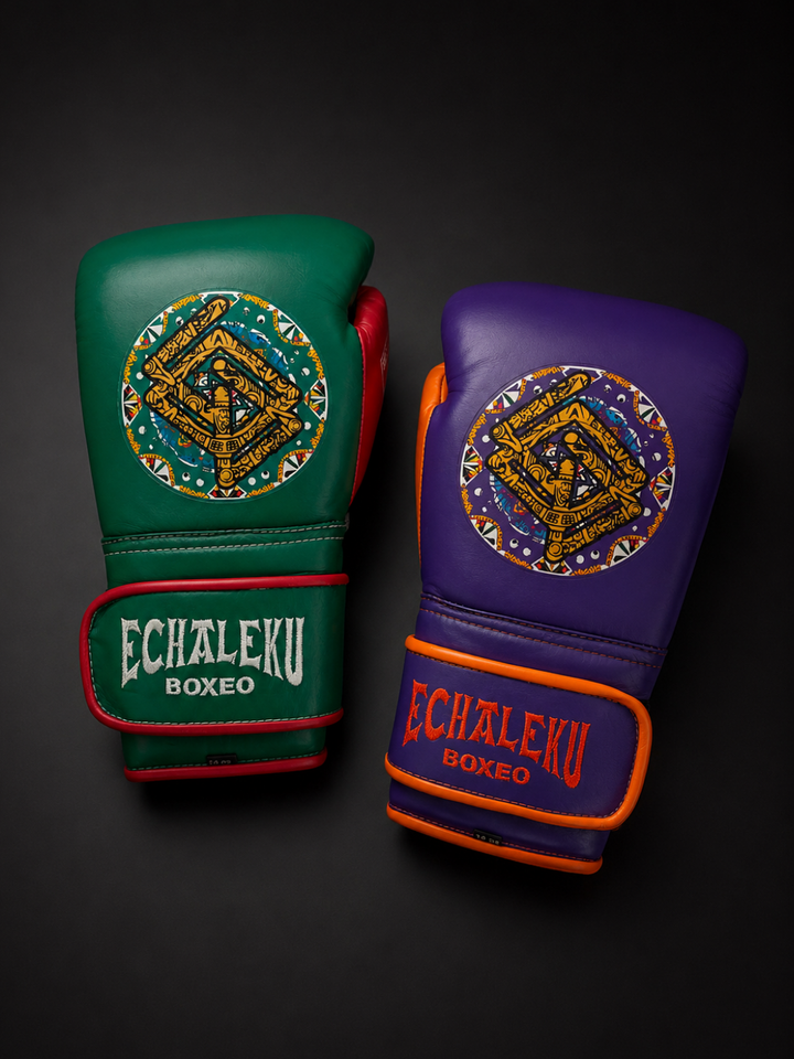 Handmix.GUANTES PREMIUM ENTRENAMIENTO BOXEO PROFESIONAL: COLECCIÓN AZTECA fabricada en México. Verde y Rojo + Morado y Naranja
