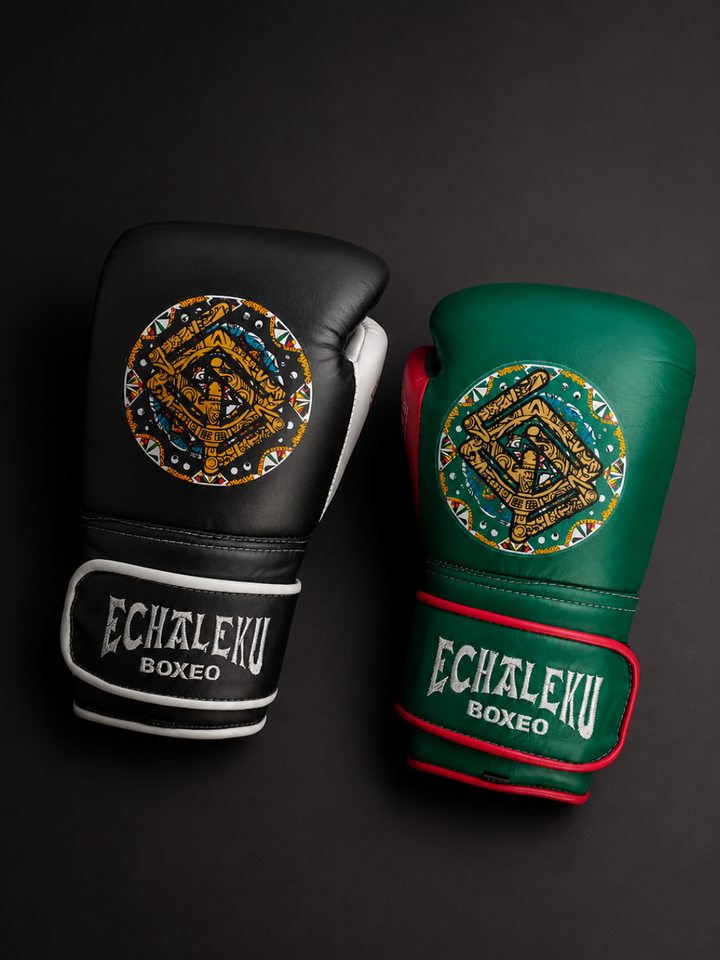 Handmix.GUANTES PREMIUM ENTRENAMIENTO BOXEO PROFESIONAL: COLECCIÓN AZTECA fabricada en México. Negro y Blanco + Verde y Rojo