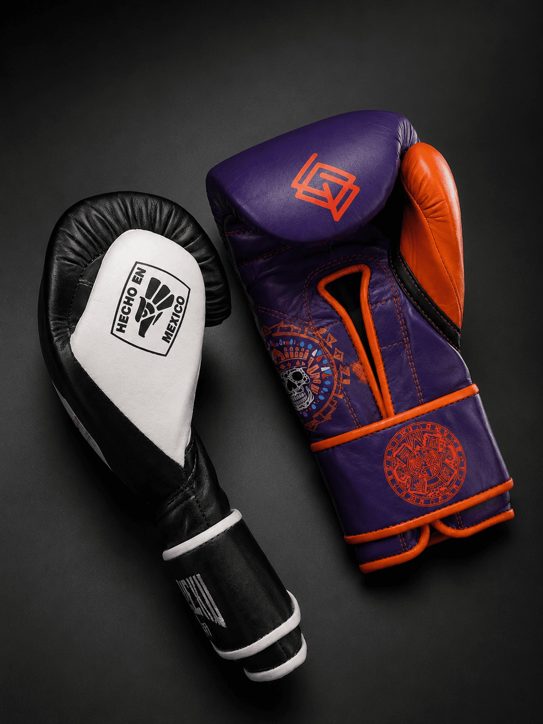 Handmix.GUANTES PREMIUM ENTRENAMIENTO BOXEO PROFESIONAL: COLECCIÓN AZTECA fabricada en México.  (AZTECA). Morado y Naranja + Negro y Blanco