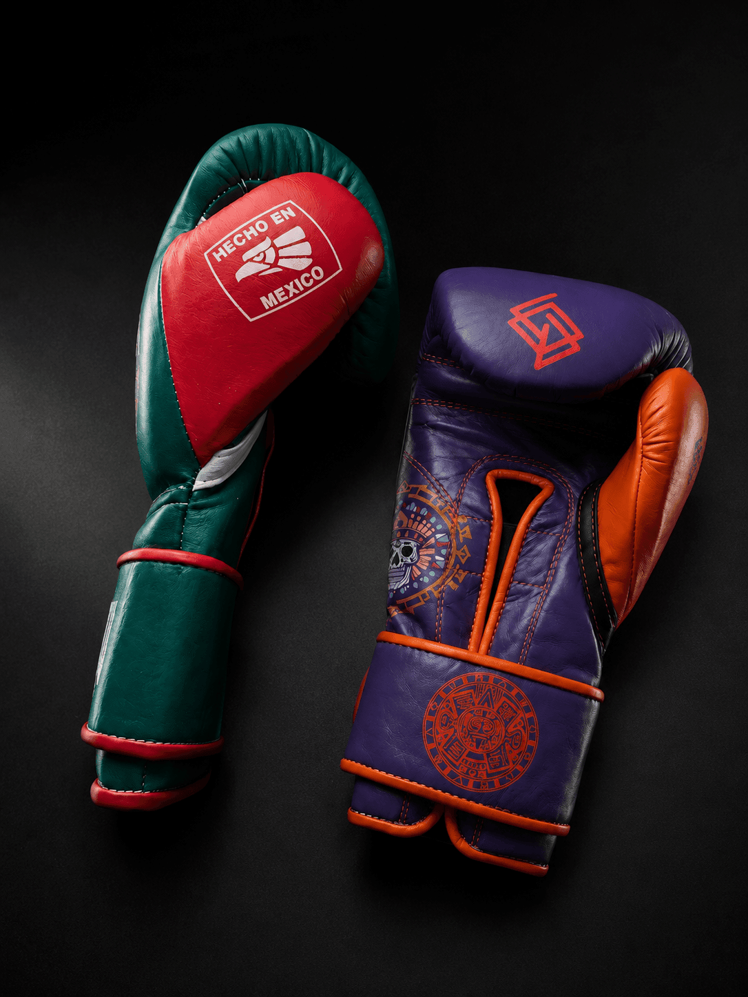 Handmix.GUANTES PREMIUM ENTRENAMIENTO BOXEO PROFESIONAL: COLECCIÓN AZTECA fabricada en México. Verde y Rojo + Morado y Naranja