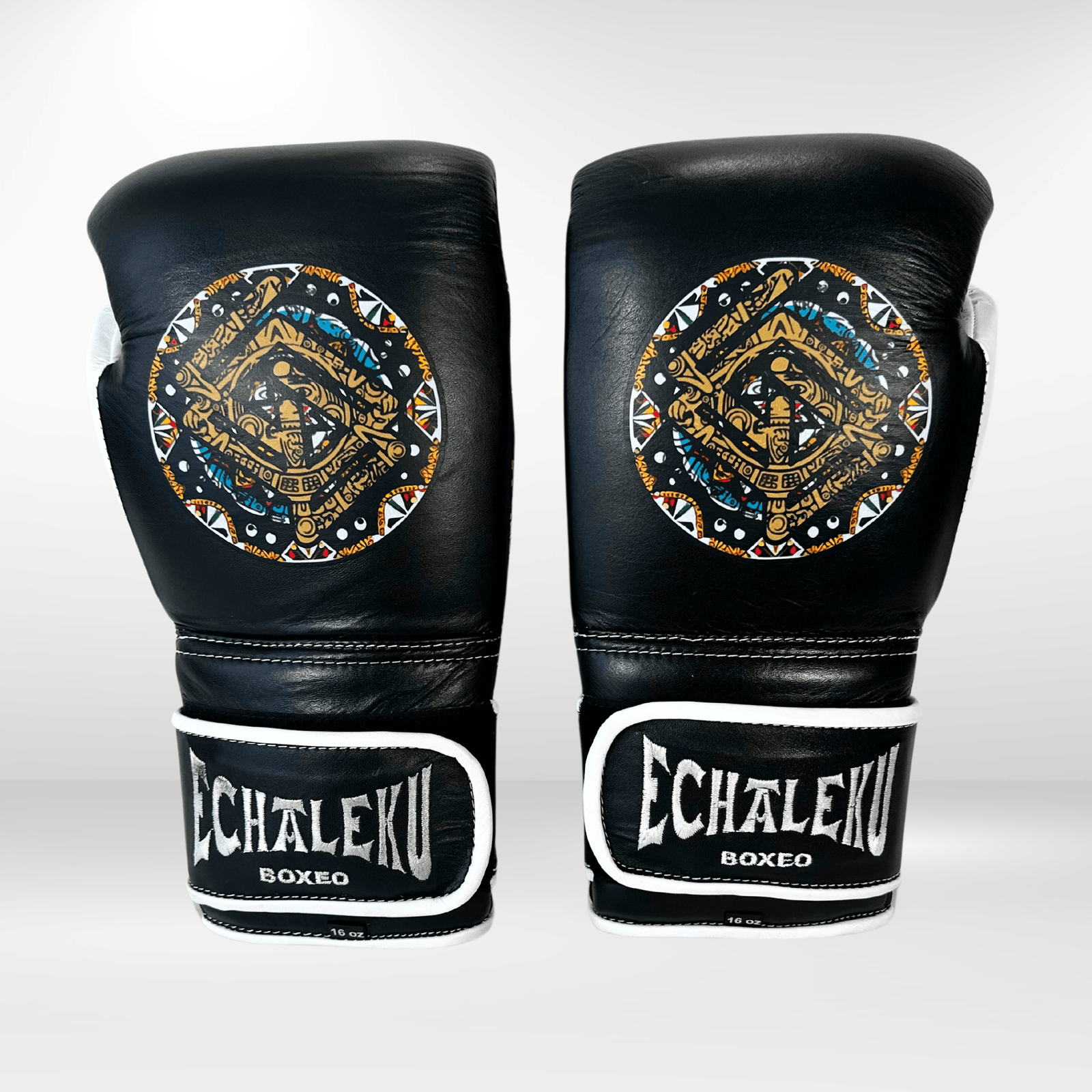 GUANTES PREMIUM ENTRENAMIENTO BOXEO PROFESIONAL: COLECCIÓN AZTECA fabricada en México. Negro Noche Color Negro y Blanco. - Echaleku Boxeo