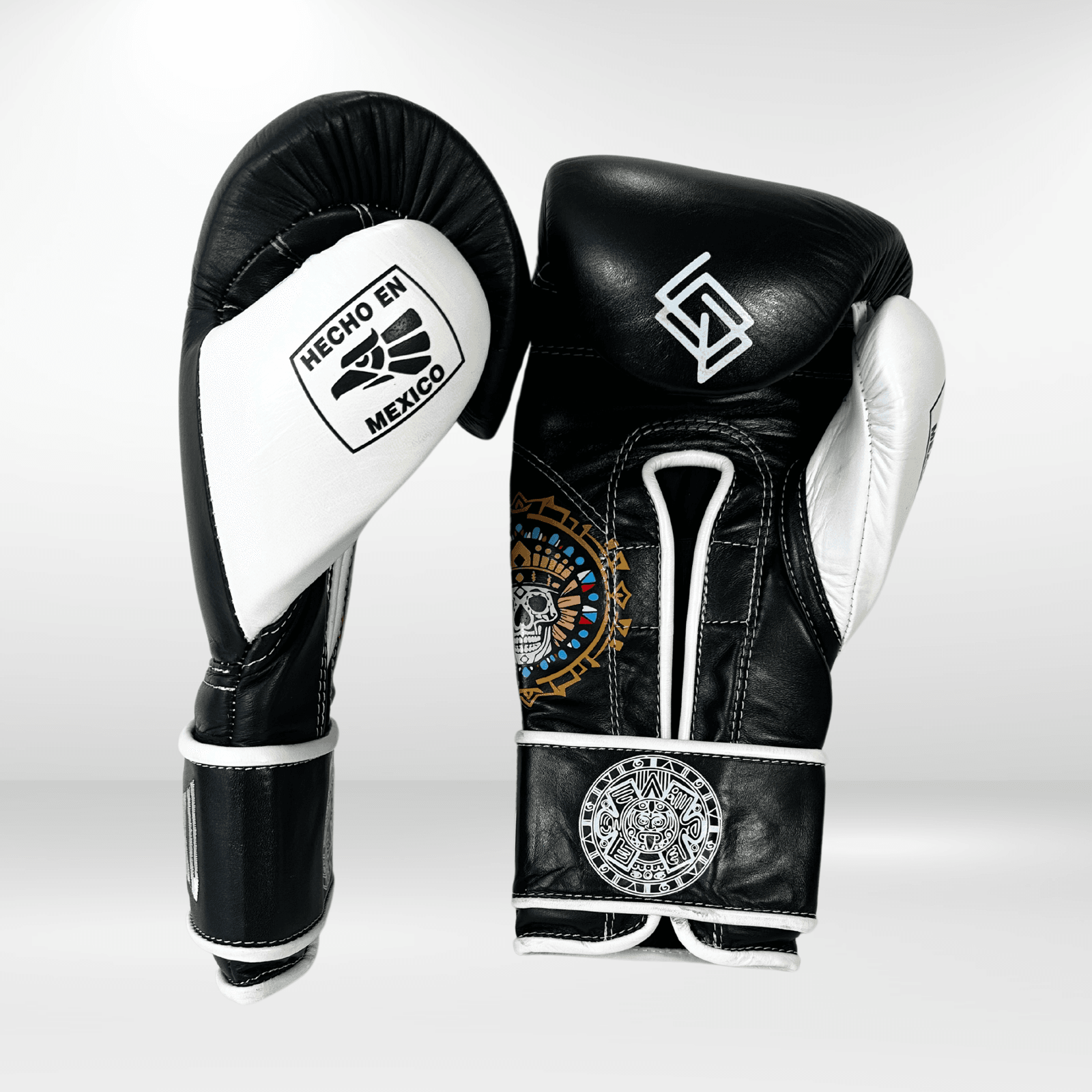 GUANTES PREMIUM ENTRENAMIENTO BOXEO PROFESIONAL: COLECCIÓN AZTECA fabricada en México. Negro Noche Color Negro y Blanco. - Echaleku Boxeo