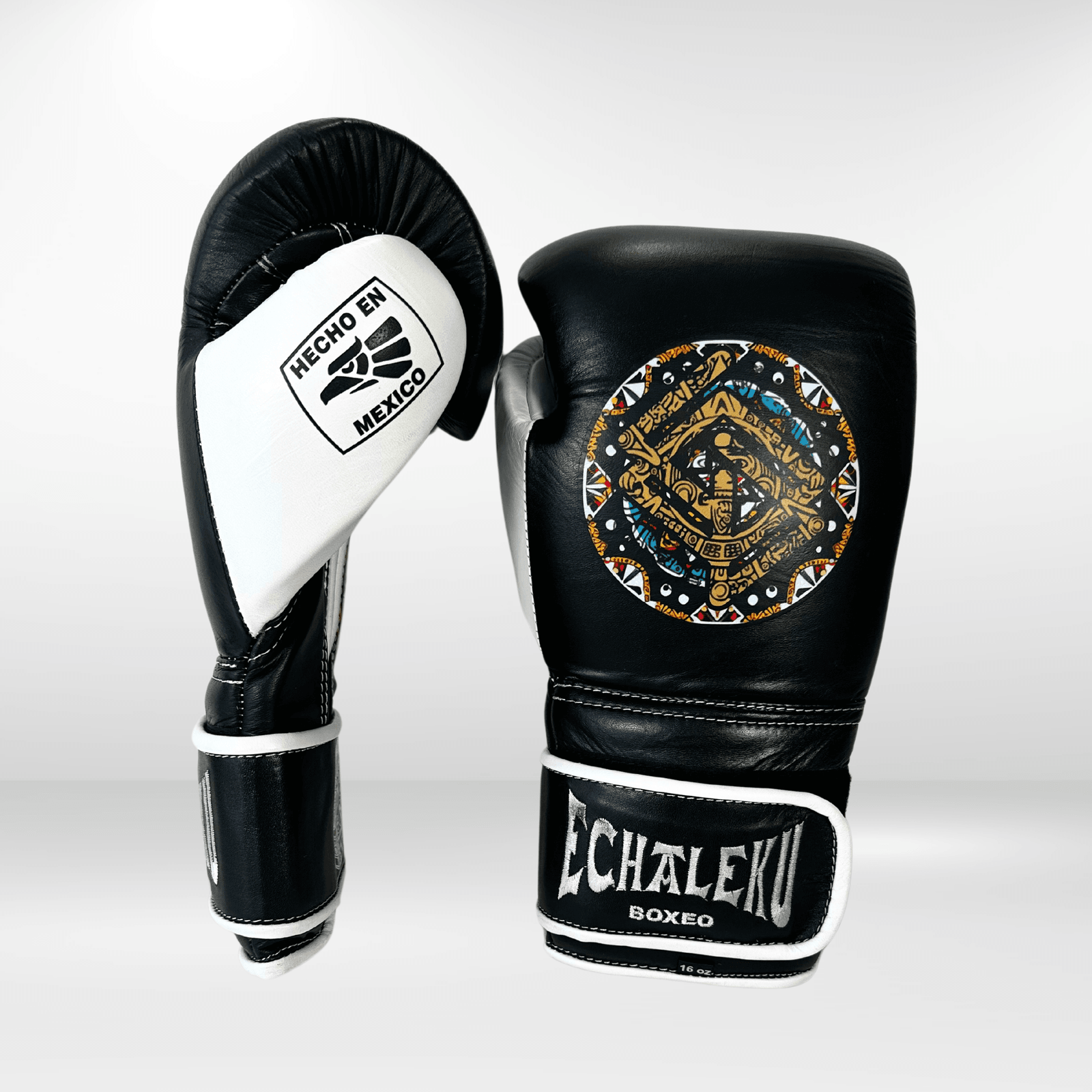 GUANTES PREMIUM ENTRENAMIENTO BOXEO PROFESIONAL: COLECCIÓN AZTECA fabricada en México. Negro Noche Color Negro y Blanco. - Echaleku Boxeo