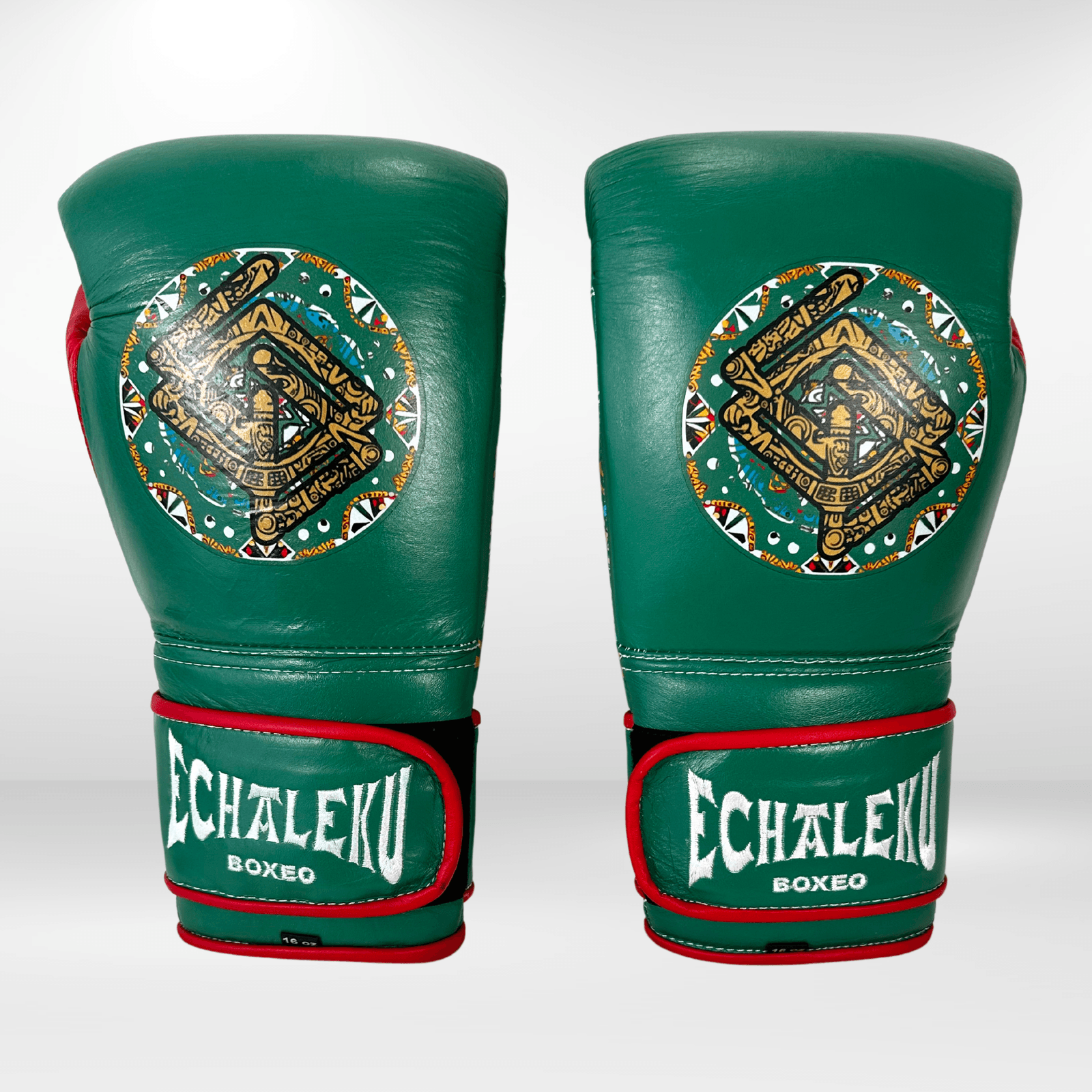 GUANTES PREMIUM ENTRENAMIENTO BOXEO PROFESIONAL: COLECCIÓN AZTECA fabricada en México. Orgullo Mexicano. Color Verde y Rojo. - Echaleku Boxeo