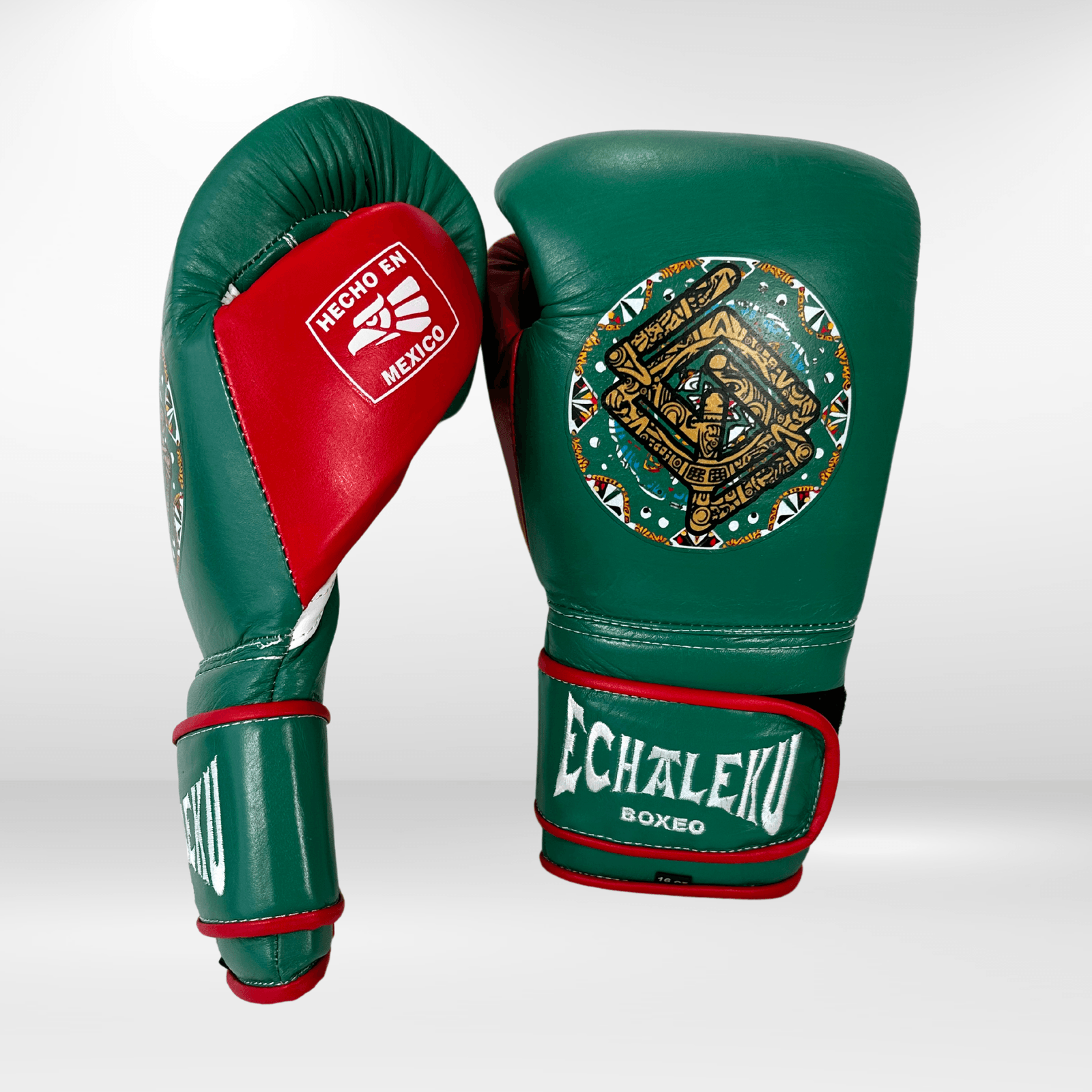GUANTES PREMIUM ENTRENAMIENTO BOXEO PROFESIONAL: COLECCIÓN AZTECA fabricada en México. Orgullo Mexicano. Color Verde y Rojo. - Echaleku Boxeo