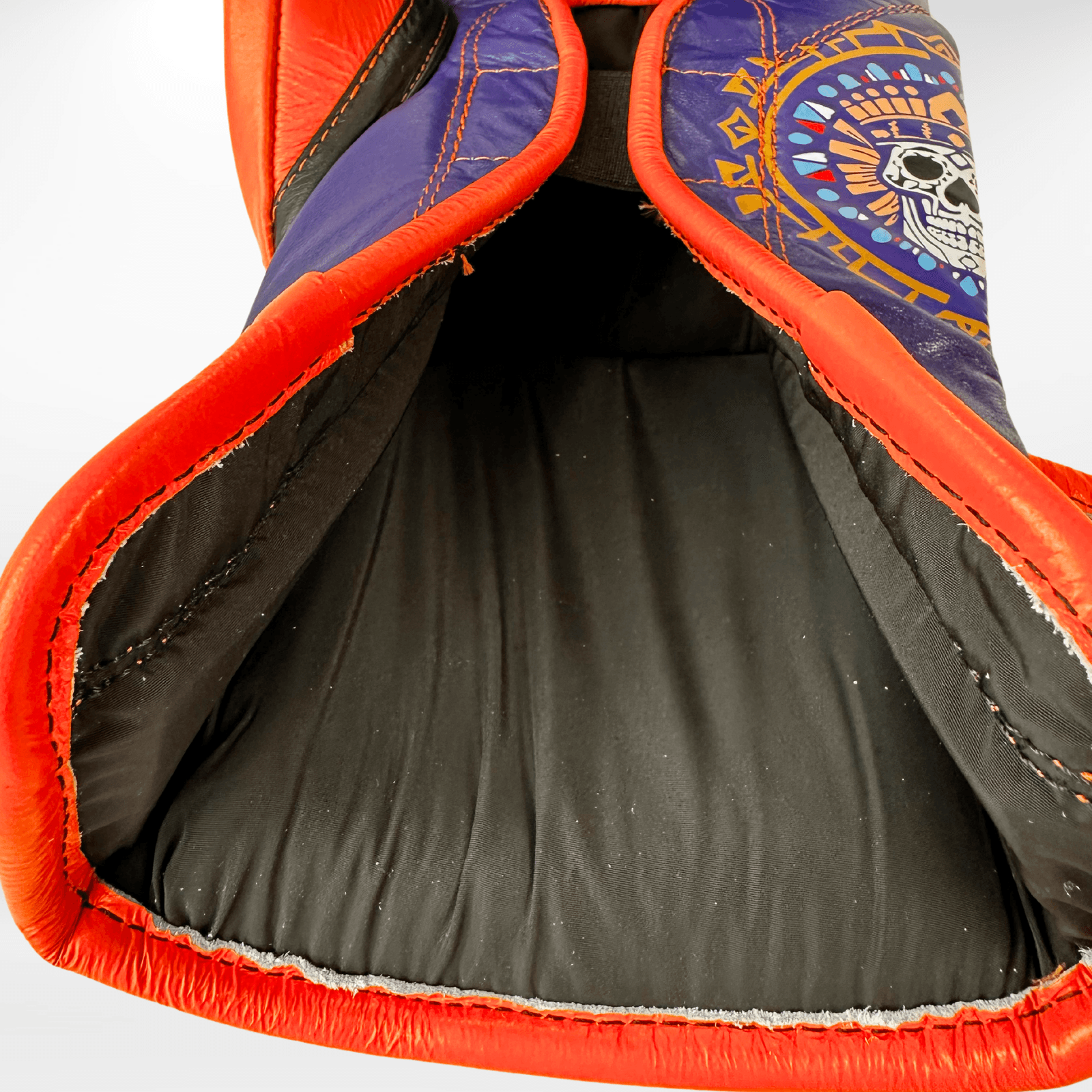 GUANTES PREMIUM ENTRENAMIENTO BOXEO PROFESIONAL: COLECCIÓN AZTECA fabricada en México. Vida y Muerte. Color Morado y Naranja. - Echaleku Boxeo