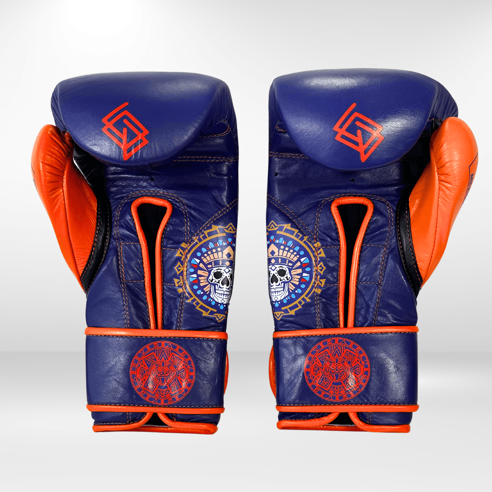 GUANTES PREMIUM ENTRENAMIENTO BOXEO PROFESIONAL: COLECCIÓN AZTECA fabricada en México. Vida y Muerte. Color Morado y Naranja. - Echaleku Boxeo