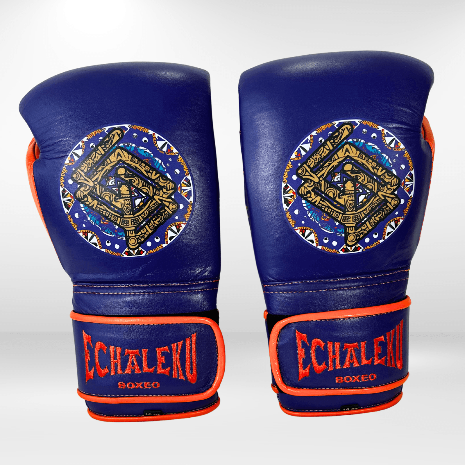 GUANTES PREMIUM ENTRENAMIENTO BOXEO PROFESIONAL: COLECCIÓN AZTECA fabricada en México. Vida y Muerte. Color Morado y Naranja. - Echaleku Boxeo