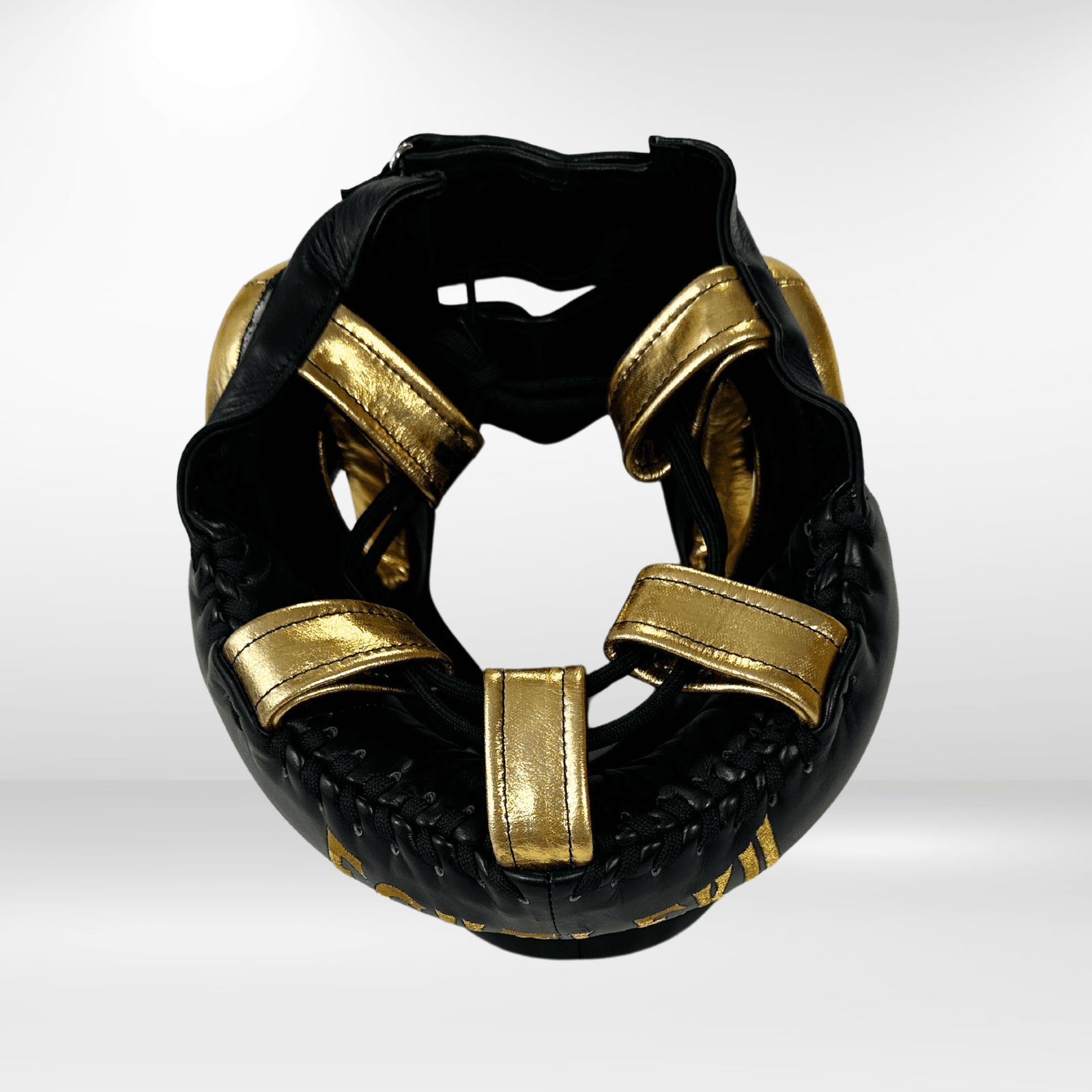 Casco Boxeo Barra Piel Completa Sparring Negro y Bordado Dorado - Echaleku Boxeo