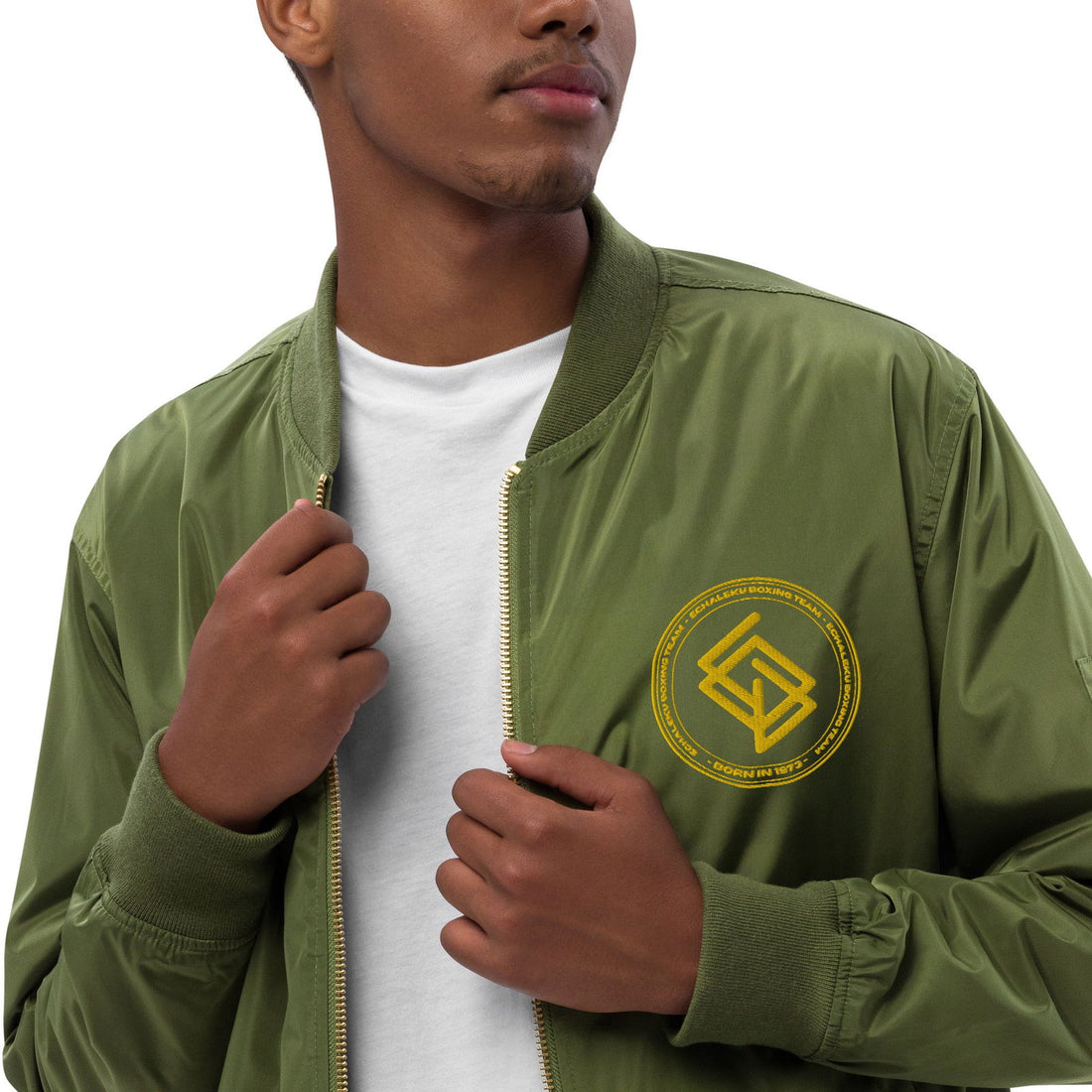 Chaqueta Bomber bordada HOMBRE Casual Echaleku Boxing Team Militar y Dorado - Echaleku Boxeo