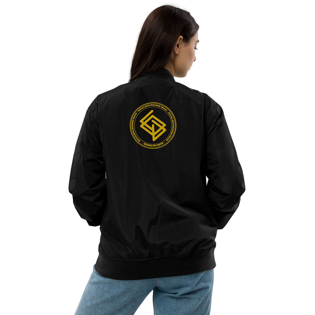 Chaqueta Bomber bordada Mujer Casual Echaleku Boxing Team Negro y Dorado - Echaleku Boxeo