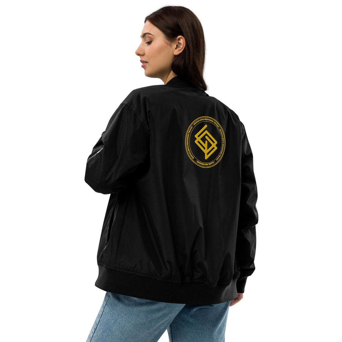 Chaqueta Bomber bordada Mujer Casual Echaleku Boxing Team Negro y Dorado - Echaleku Boxeo