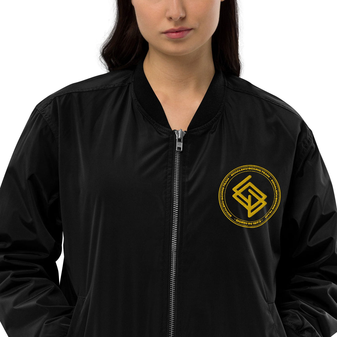 Chaqueta Bomber bordada Mujer Casual Echaleku Boxing Team Negro y Dorado - Echaleku Boxeo