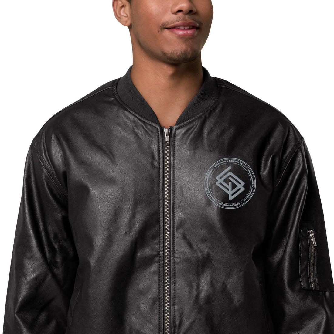 Chaqueta Bomber piel sintética HOMBRE bordada Echaleku Boxing Team Negro y Gris - Echaleku Boxeo