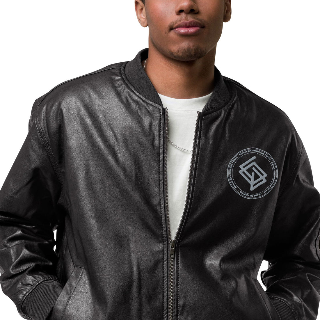 Chaqueta Bomber piel sintética HOMBRE bordada Echaleku Boxing Team Negro y Gris - Echaleku Boxeo