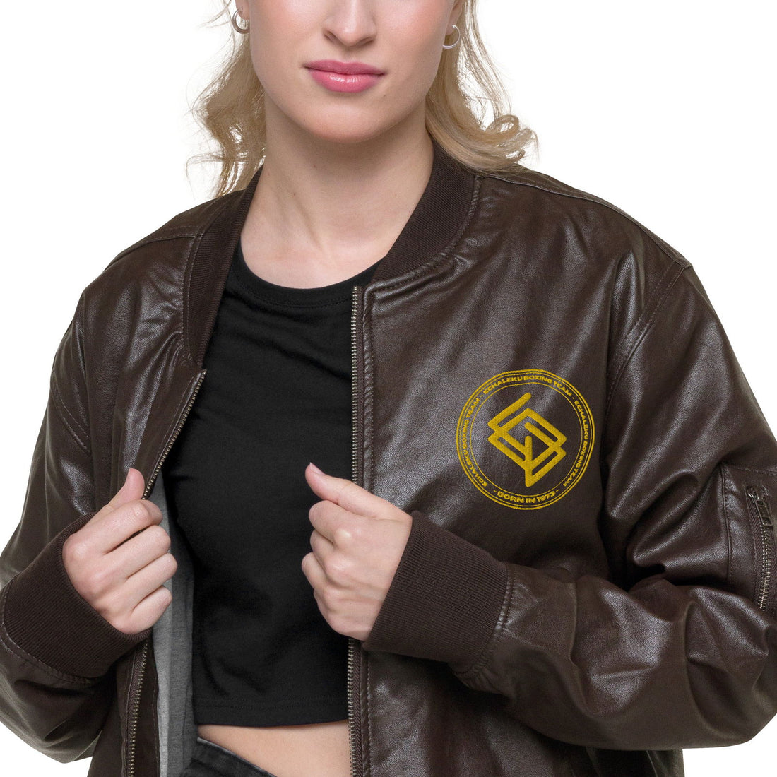 Chaqueta Bomber piel sintética MUJER bordada Echaleku Boxing Team Marrón y Dorado - Echaleku Boxeo