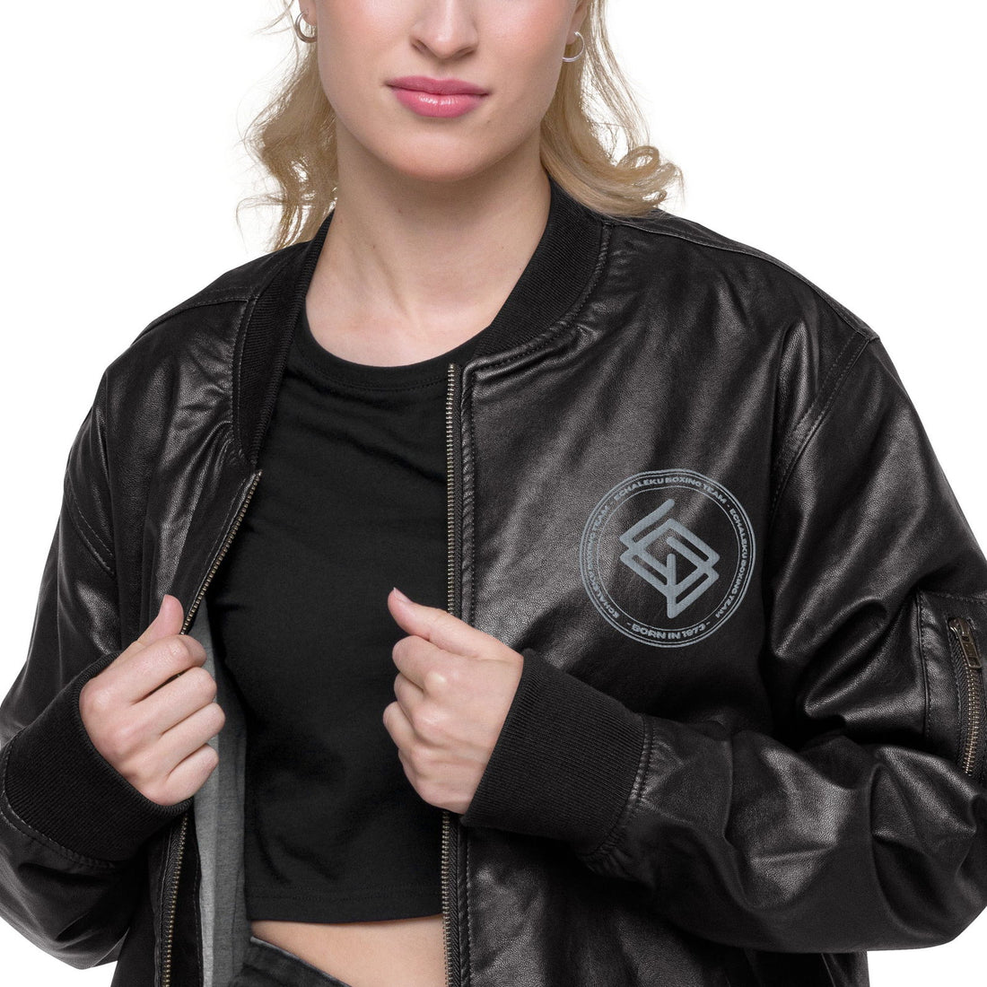 Chaqueta Bomber piel sintética MUJER bordada Echaleku Boxing Team Negro y Gris - Echaleku Boxeo