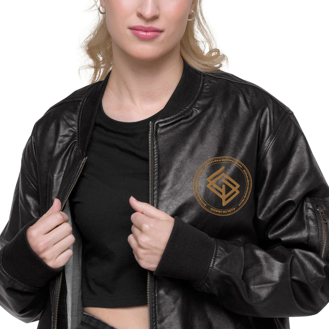 Chaqueta Bomber piel sintética MUJER bordada Echaleku Boxing Team Negro y Oro viejo - Echaleku Boxeo