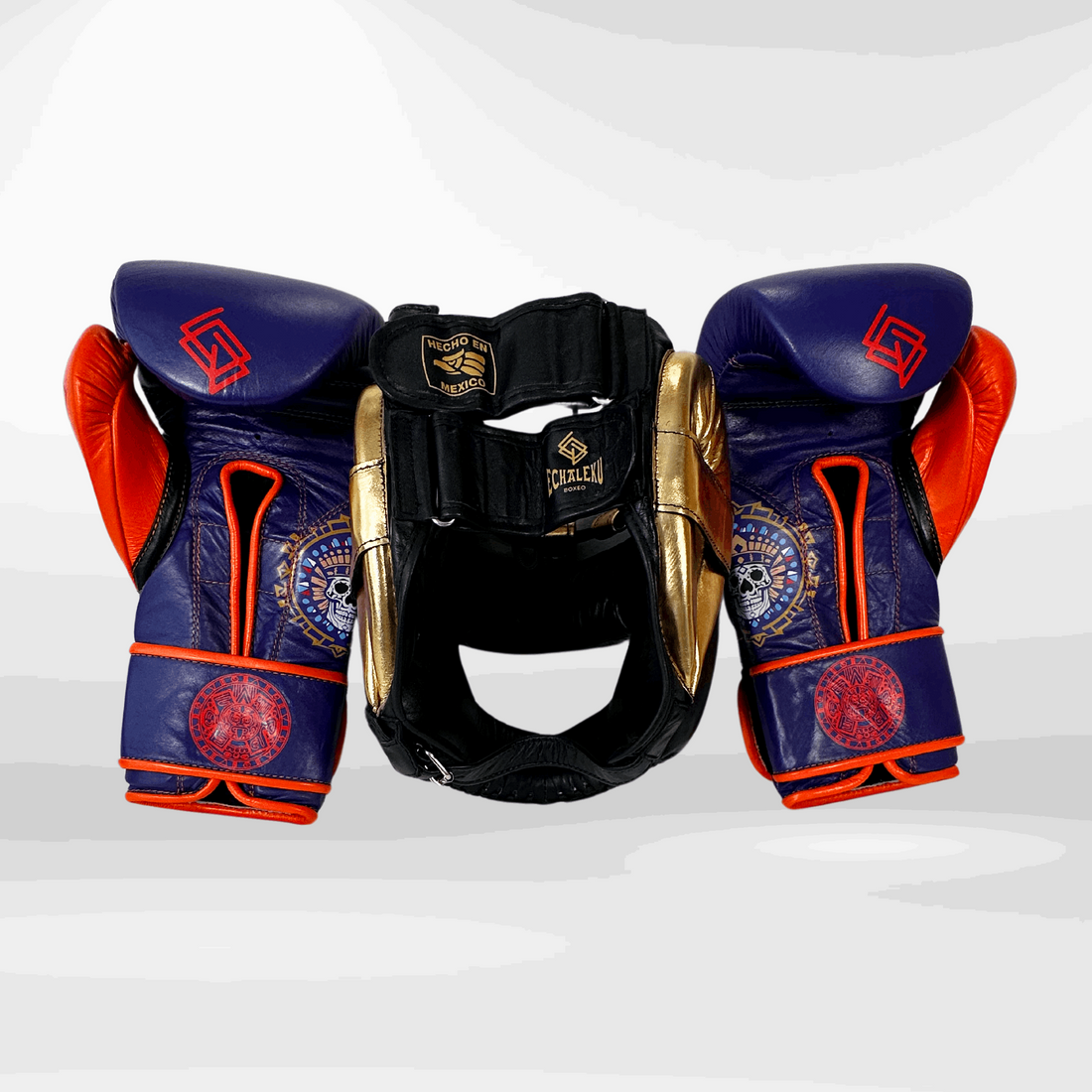 DUPLA Casco Barra Piel Negro y Dorado + AZTECA Morado y Naranja - Echaleku Boxeo