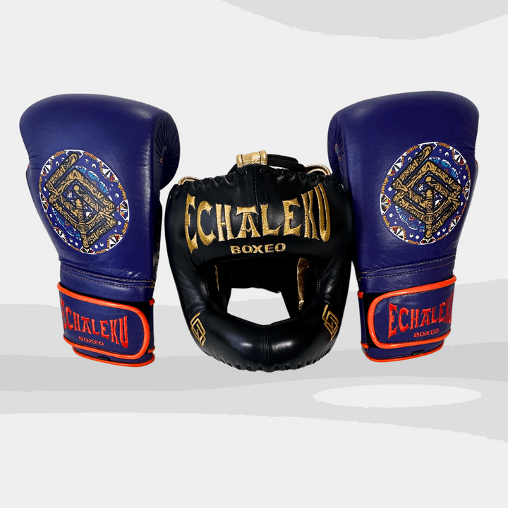 DUPLA Casco Barra Piel Negro y Dorado + AZTECA Morado y Naranja - Echaleku Boxeo