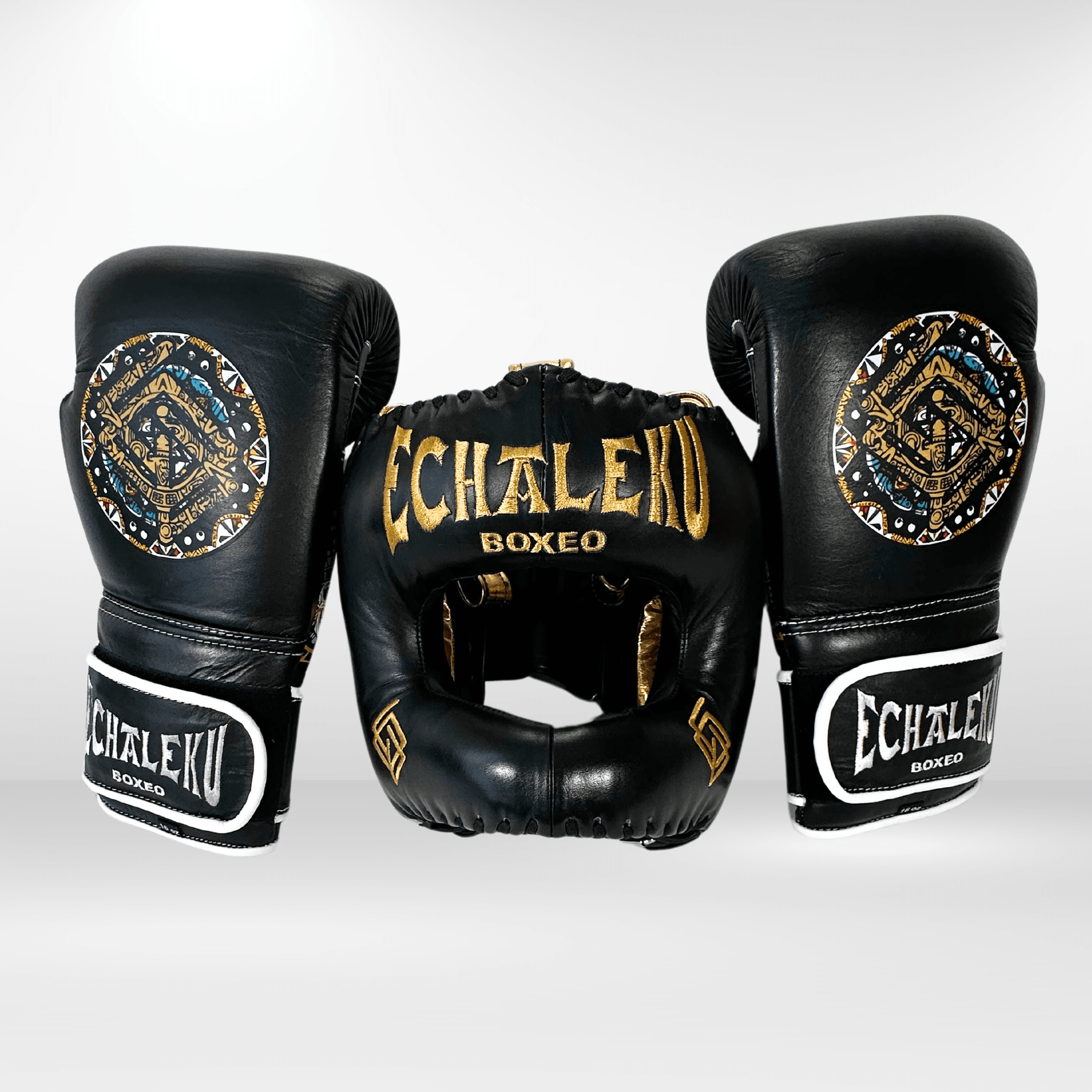 DUPLA Casco Boxeo Barra Piel Negro y Dorado + AZTECA Negro y Blanco - Echaleku Boxeo