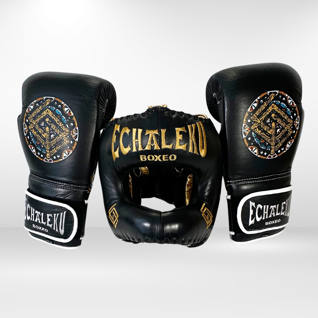 DUPLA Casco Barra Piel Negro y Dorado + AZTECA Negro y Blanco - Echaleku Boxeo