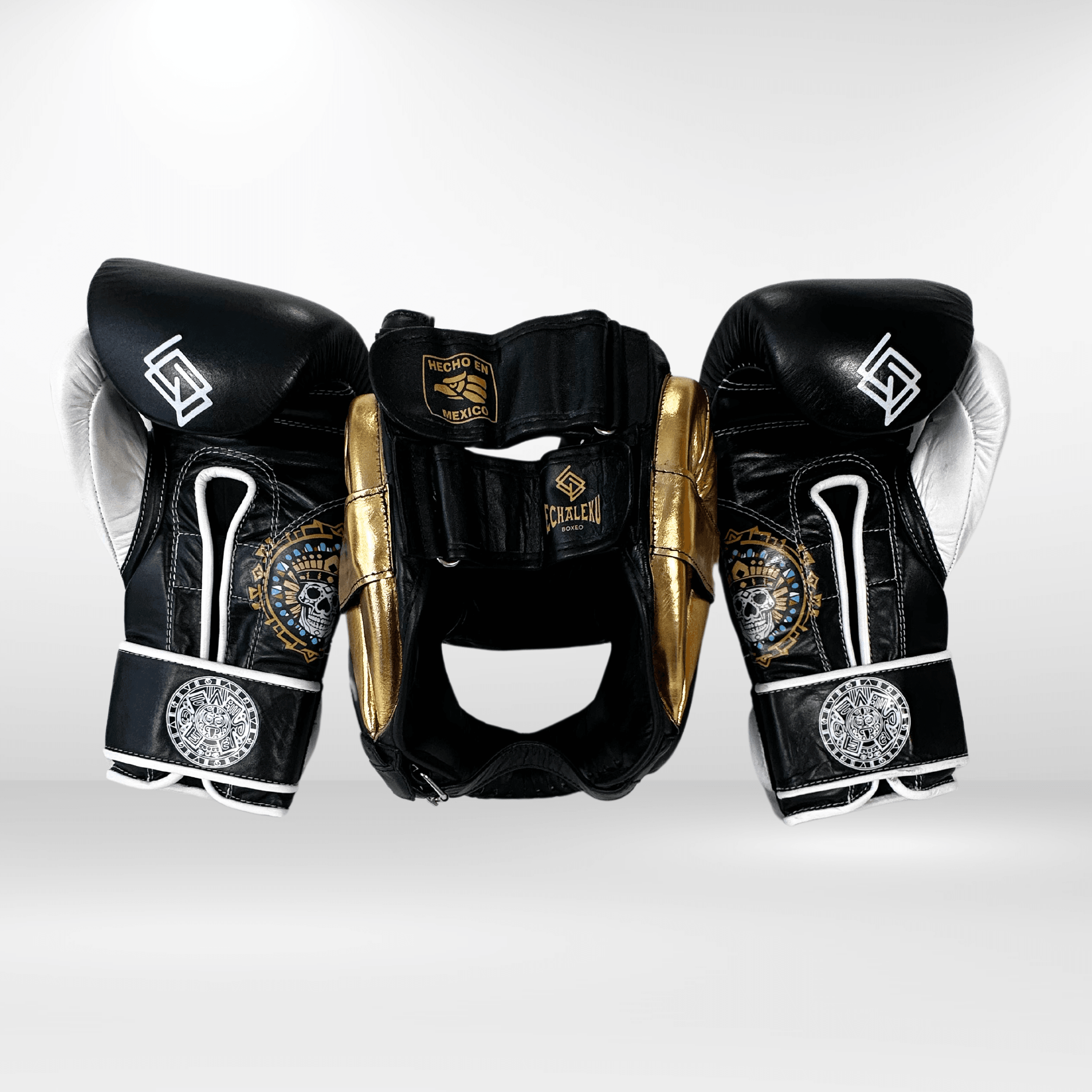 DUPLA Casco Boxeo Barra Piel Negro y Dorado + AZTECA Negro y Blanco - Echaleku Boxeo