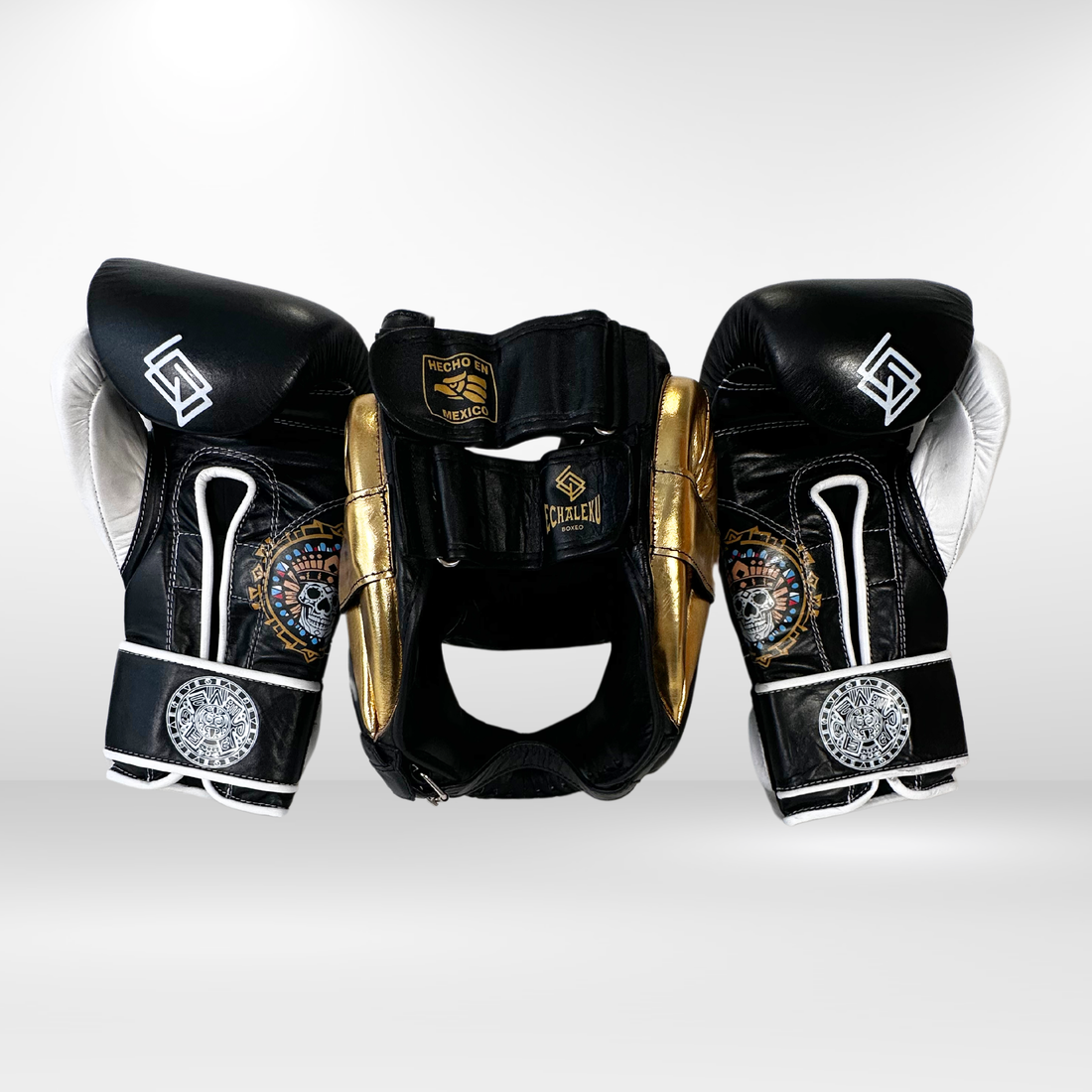 DUPLA Casco Barra Piel Negro y Dorado + AZTECA Negro y Blanco - Echaleku Boxeo